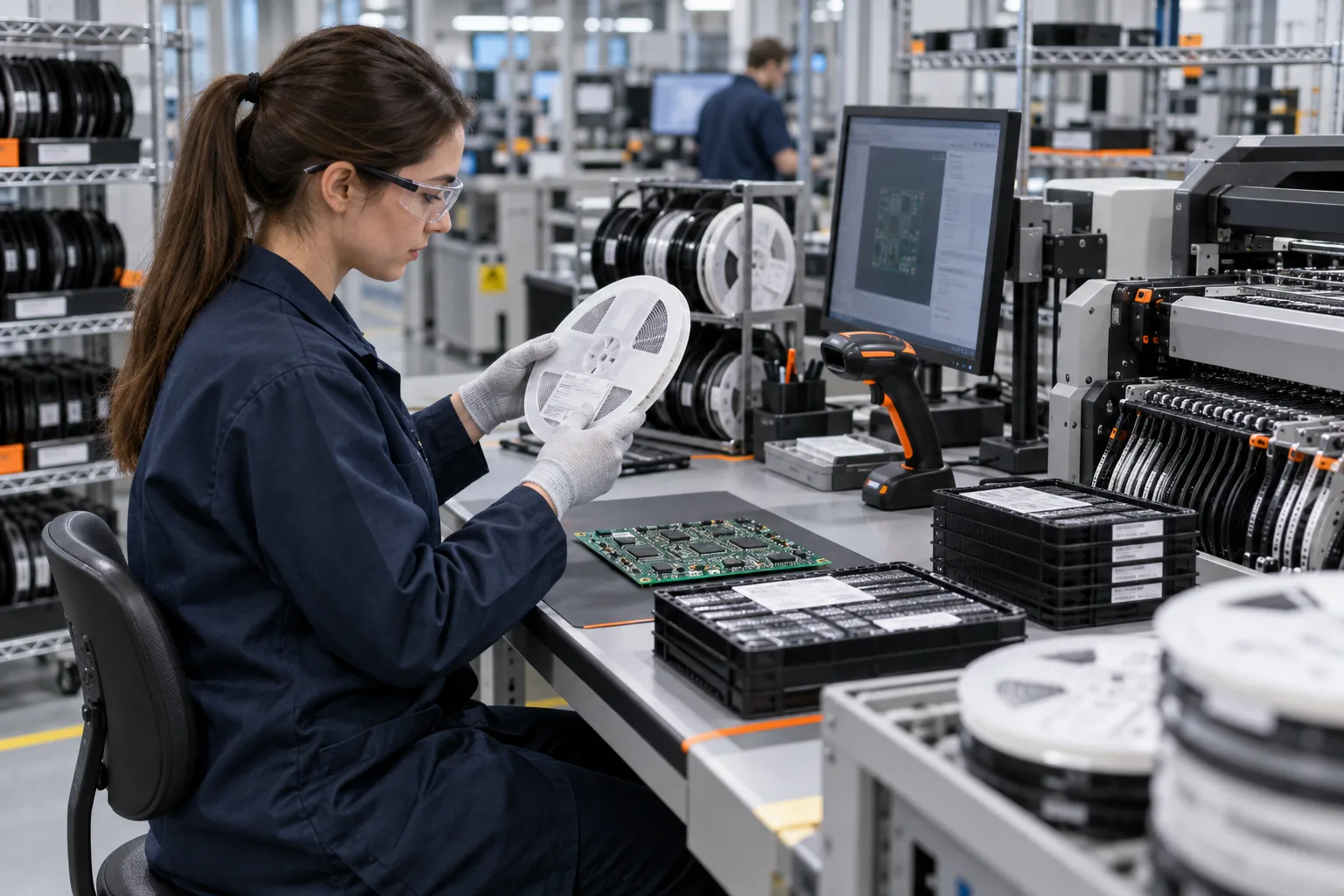 المشهد التحريري الذي تم إنشاؤه بواسطة AI: تم فحص بكرات المكون و قبل تجميع PCB