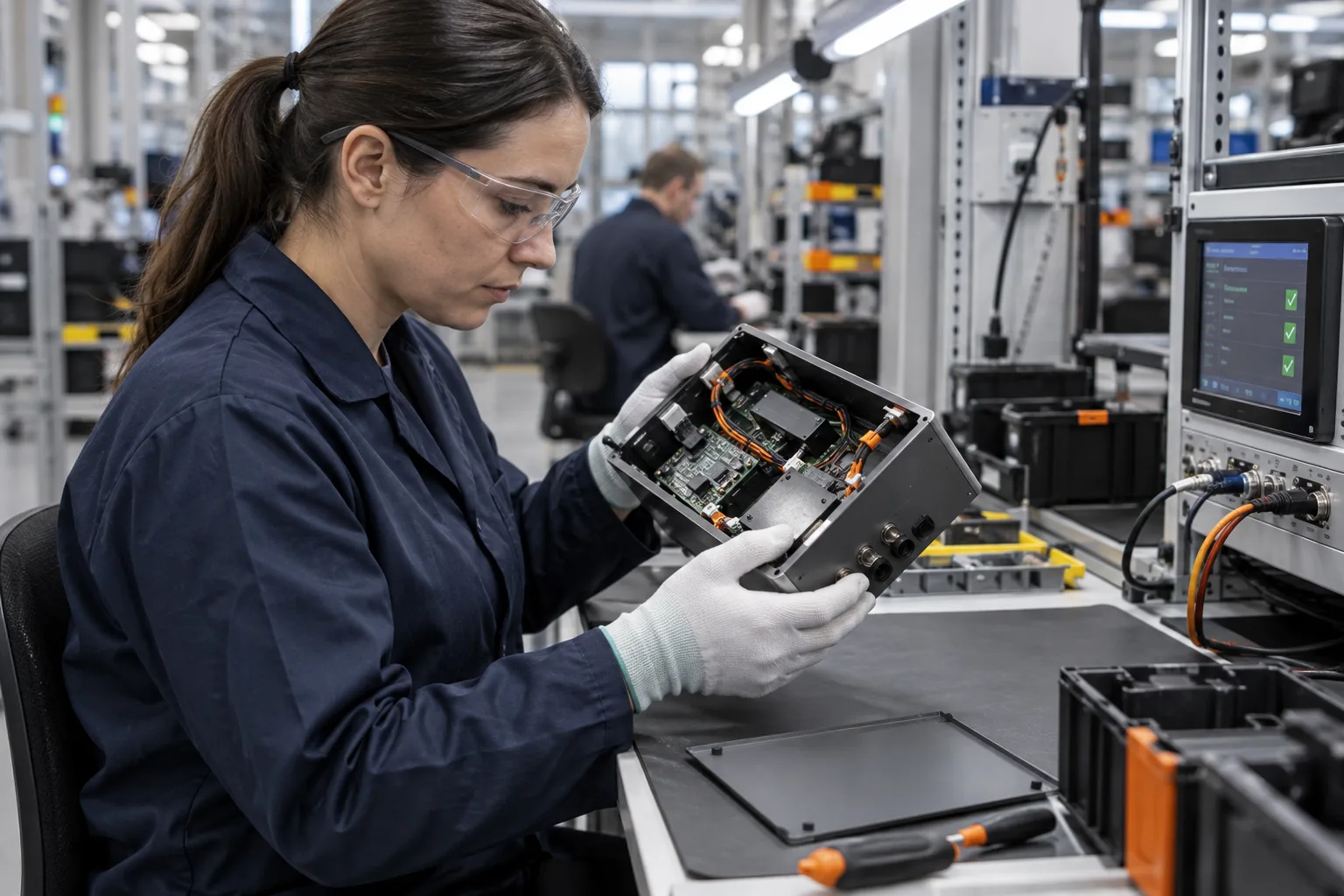 AI-generated editorial scene: Final inspection of an assembled electronic enclosure