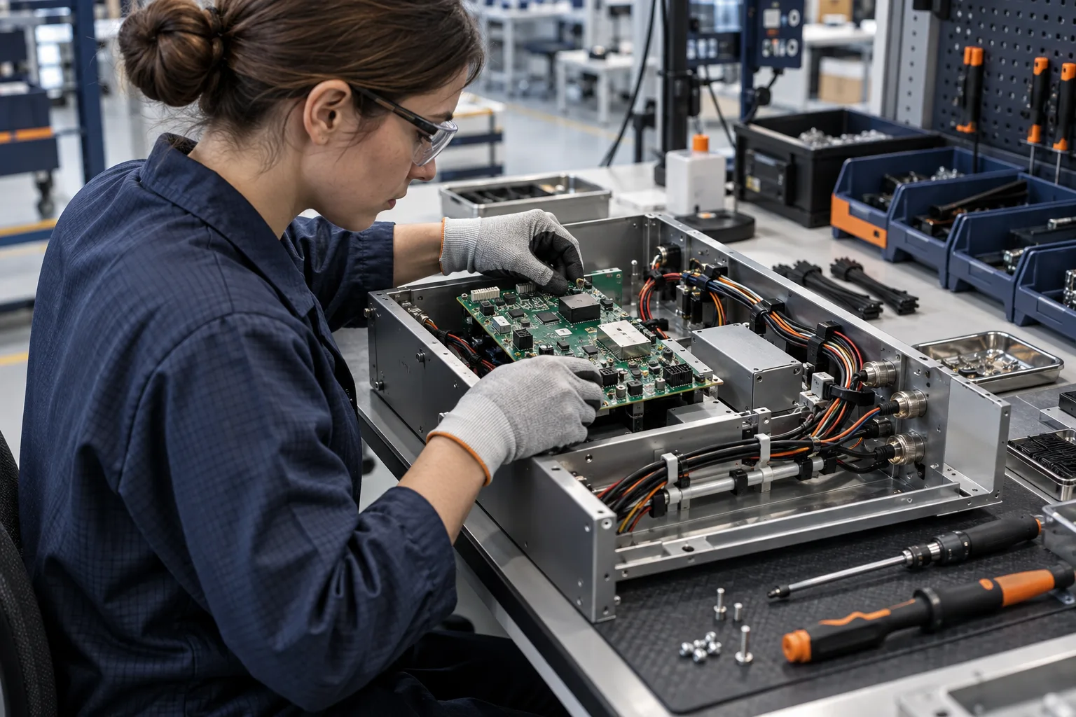 AI-generated editorial scene: Technician integrating a PCBA and wire harness into an enclosure