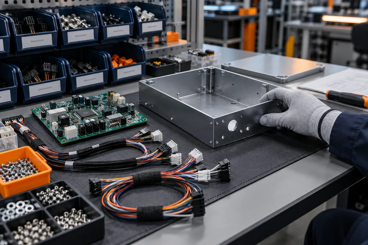 AI-generated editorial scene: Electronic enclosure, PCBA and harness components prepared for box-build assembly