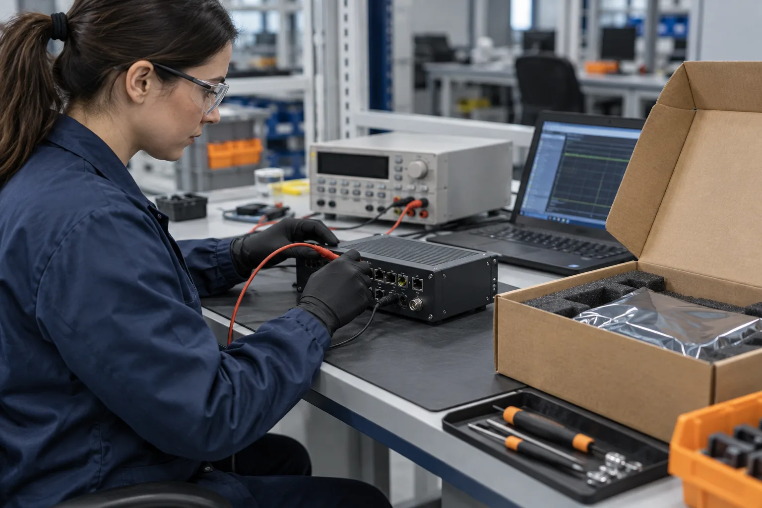 AI-generated editorial scene: Completed electronic enclosure at a test and packaging workstation