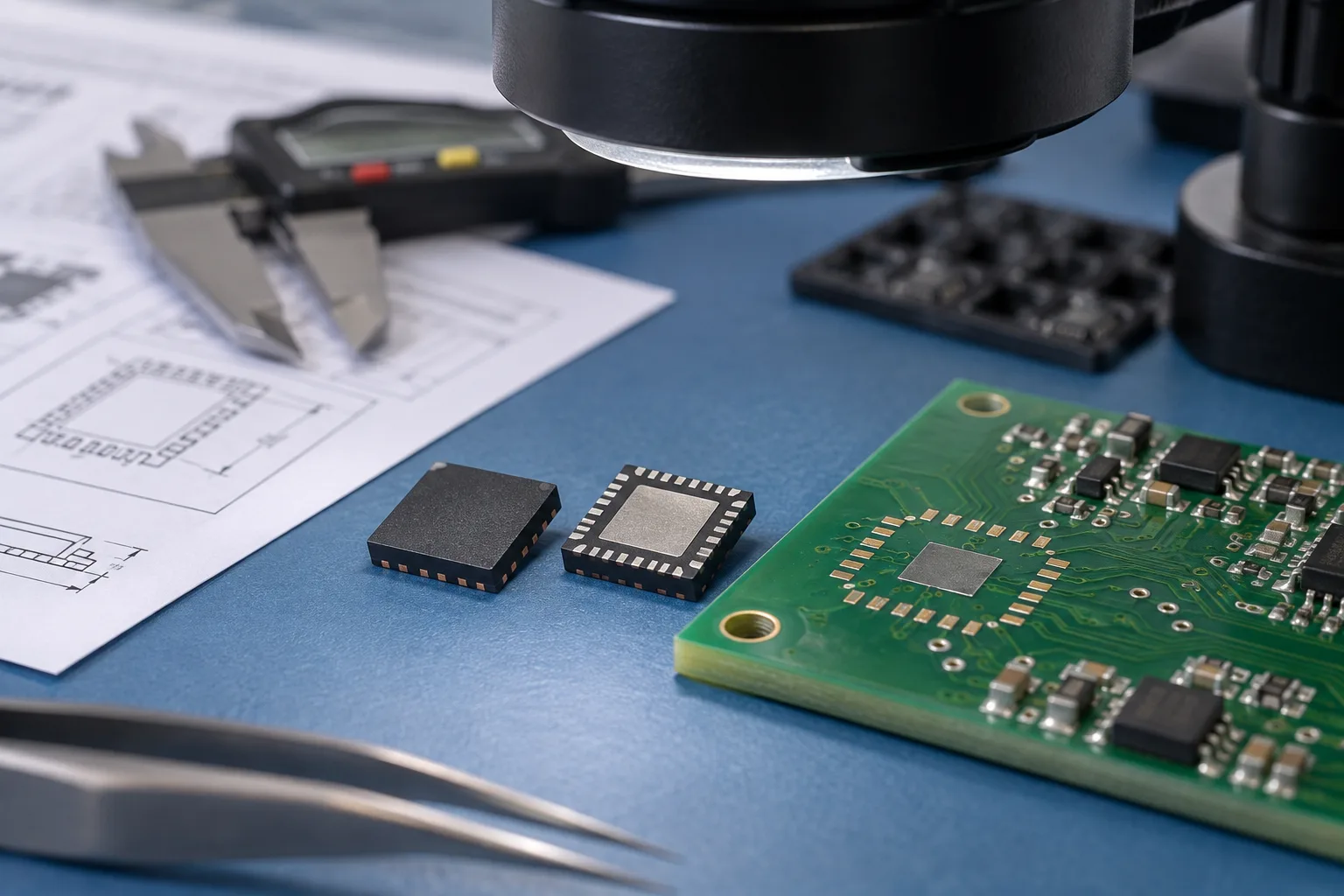 KI-generierte redaktionelle Szene: Nahaufnahme des Komponentenpakets und PCB Fußabdruckvergleich