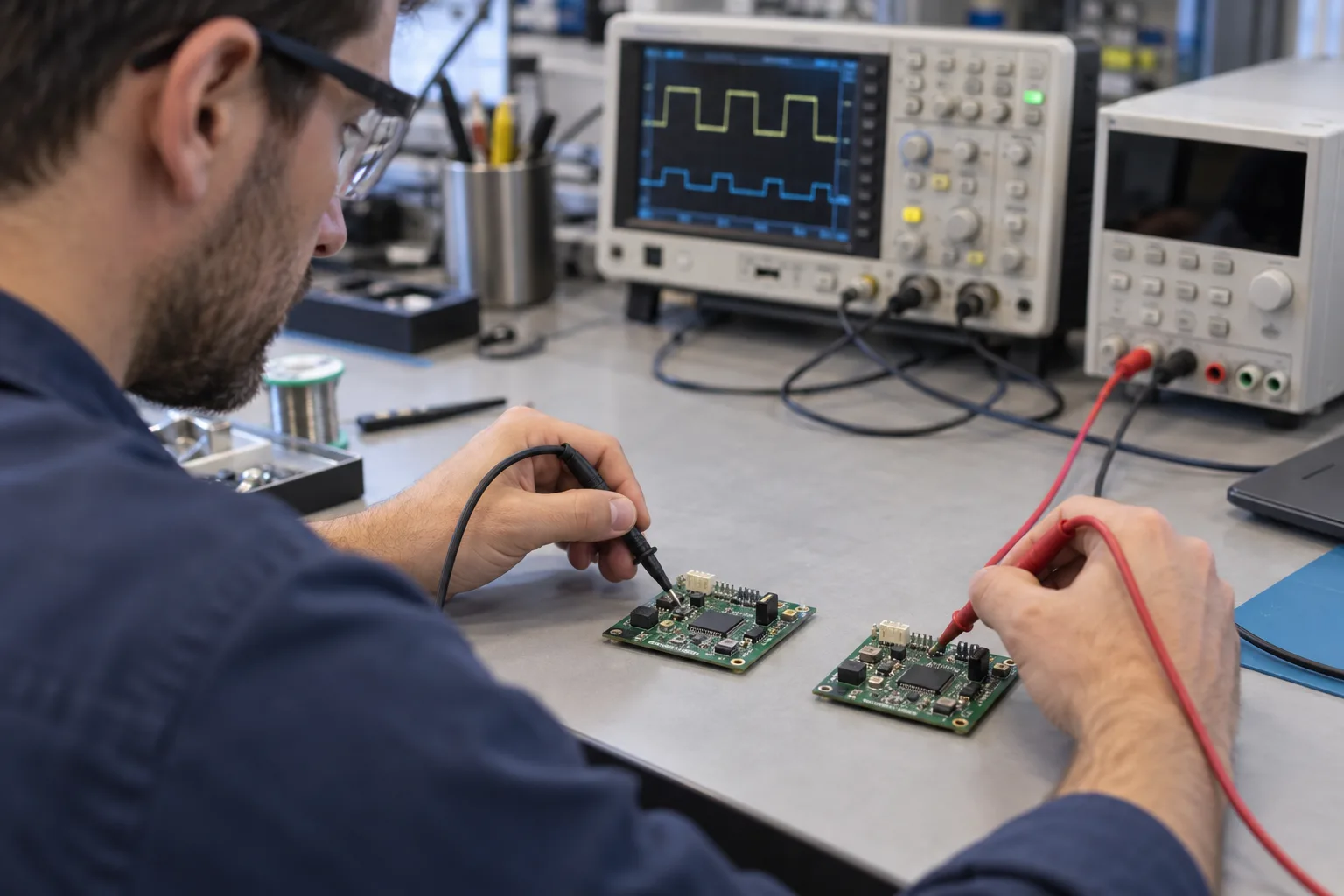 KI-generierte Redaktionsszene: Ingenieur vergleicht zwei PCB Baugruppen auf einem Prüfstand