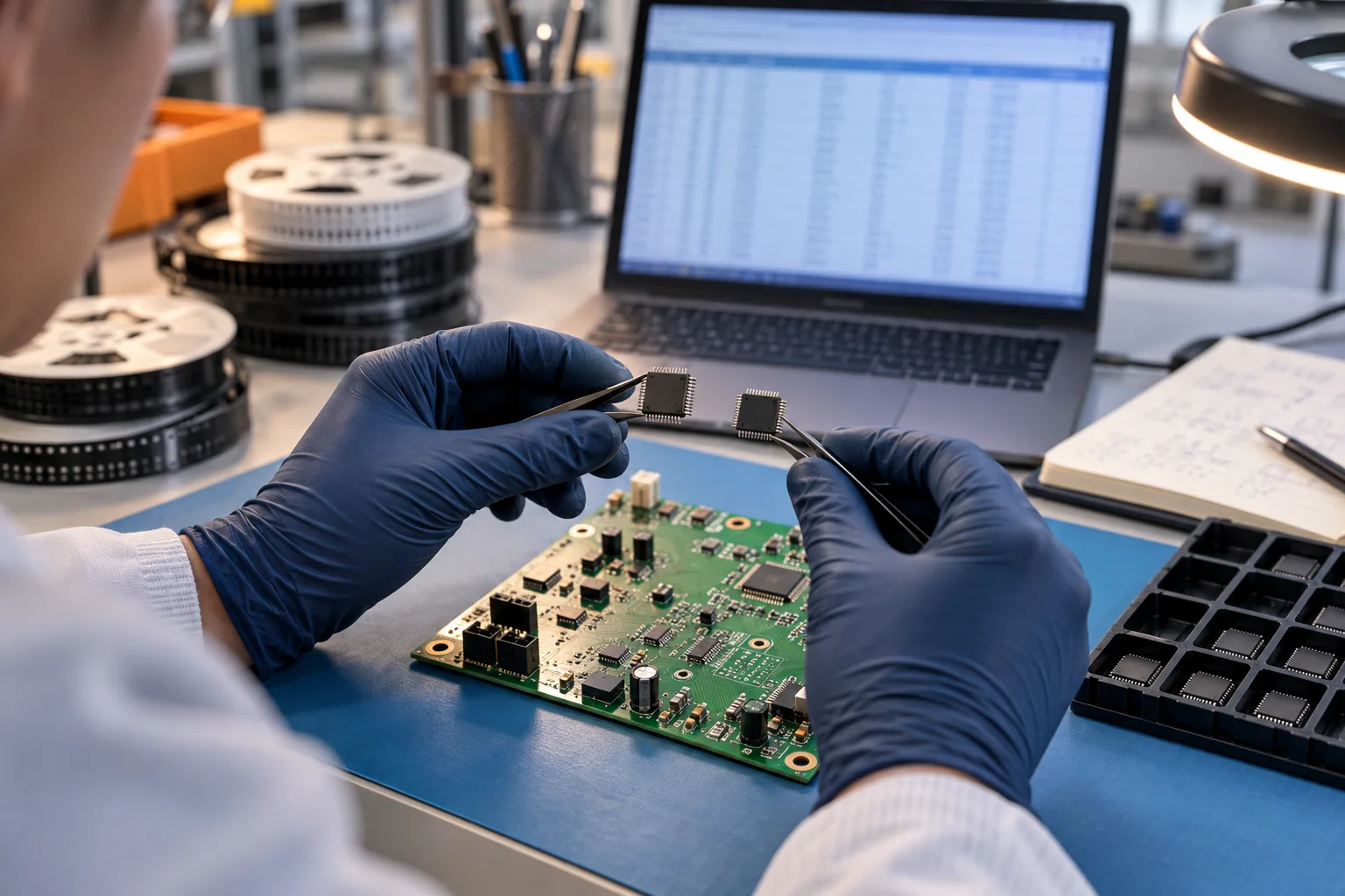 AI-generated editorial scene: PCB component alternate approval workflow in a PCB or PCBA production context