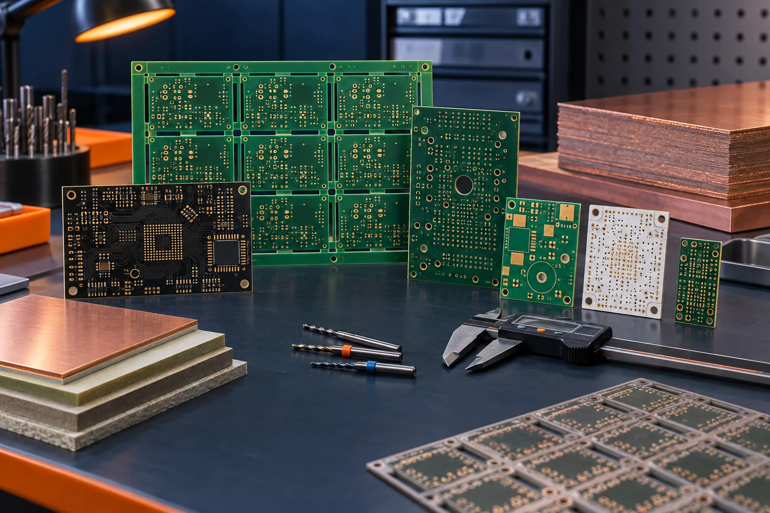 AI-generated editorial scene: Bare PCB samples illustrating fabrication variables that affect cost
