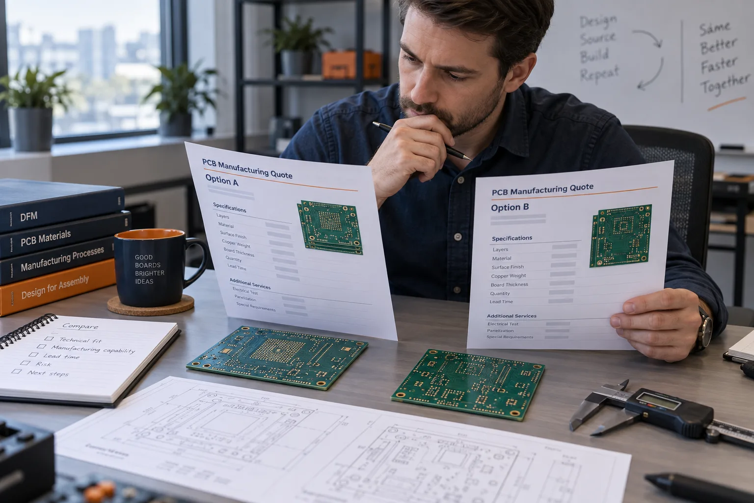 AI-generated editorial scene: Buyer comparing PCB quotes with board samples and fabrication drawings