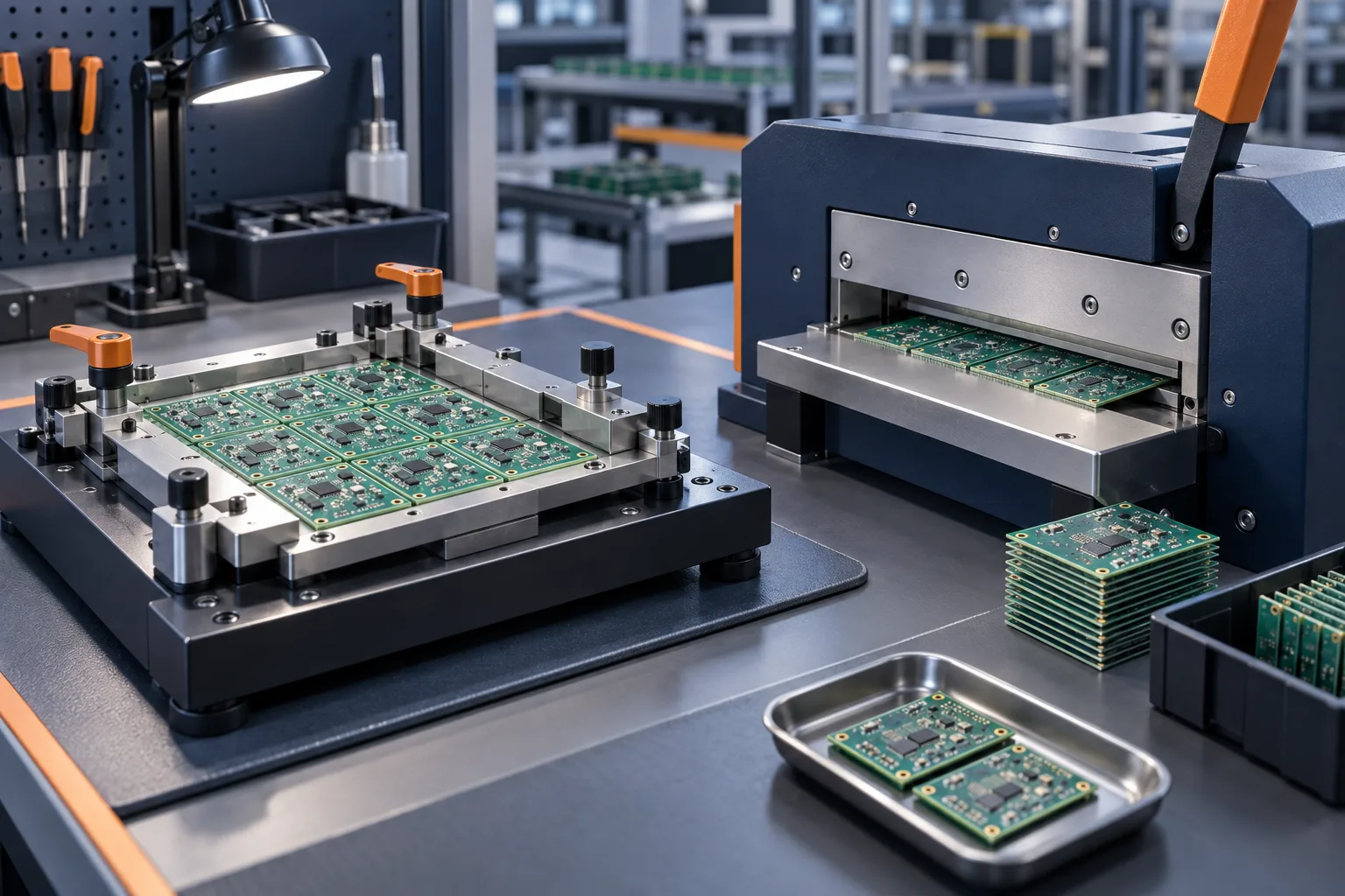 AI-generated editorial scene: PCB panels and depaneling tools at a production workstation