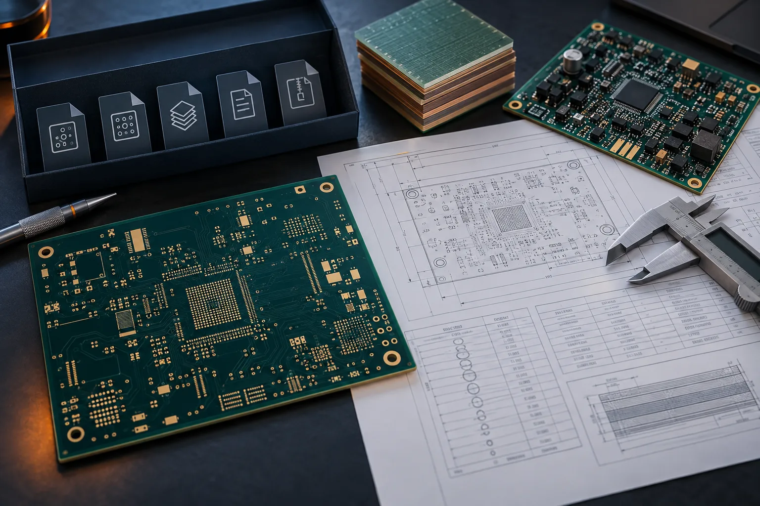 AI-generated editorial scene: Bare PCB beside fabrication drawing and measurement tools