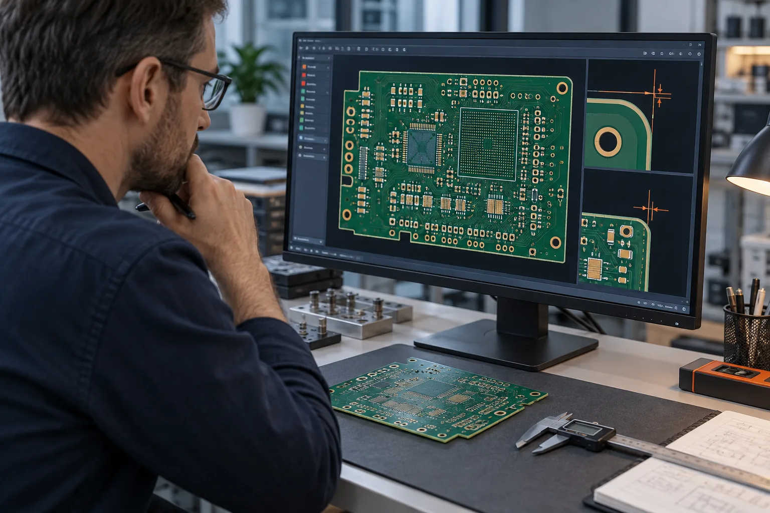 AI-generated editorial scene: Engineer reviewing PCB layout for manufacturing