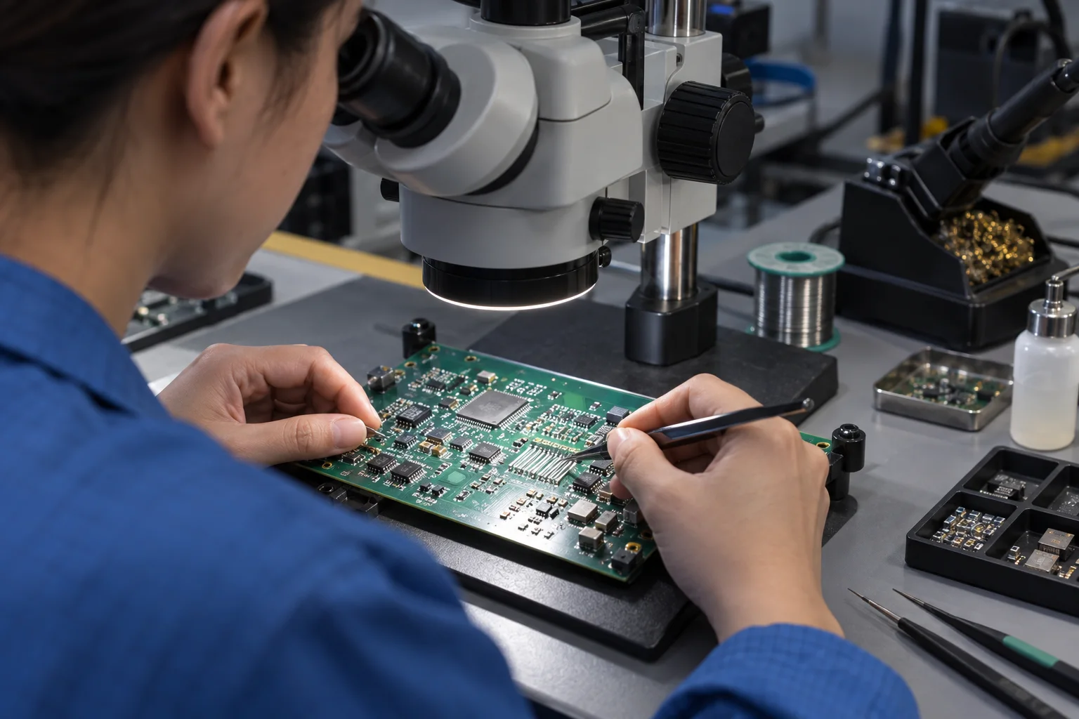 Illustrazione generata dall'intelligenza artificiale: tecnico che ispeziona il punto fine PCB tamponi sotto un microscopio