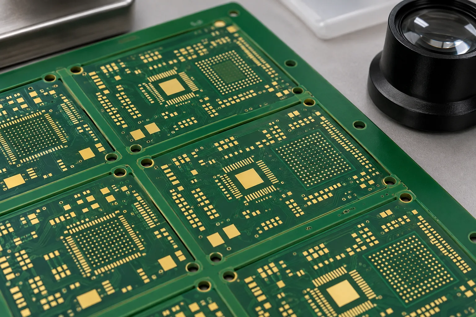 Illustrazione generata dall'intelligenza artificiale: piatto dorato PCB modelli di terra ispezionati sotto un loupe
