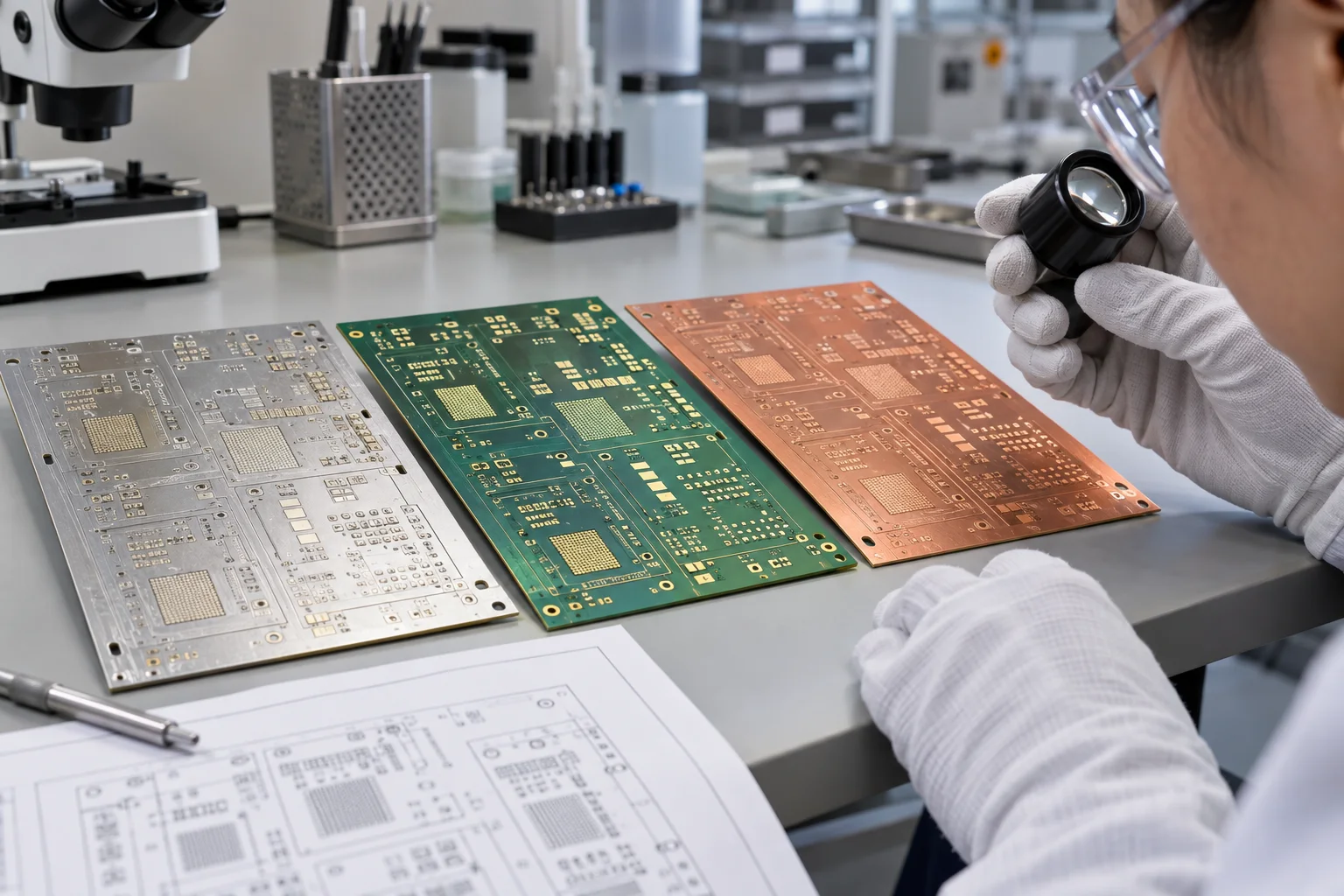 Illustrazione generata dall'intelligenza artificiale: ingegnere che confronta unpopolato PCB pannelli con diverse finiture superficiali; non un PCBArise fotografia di produzione