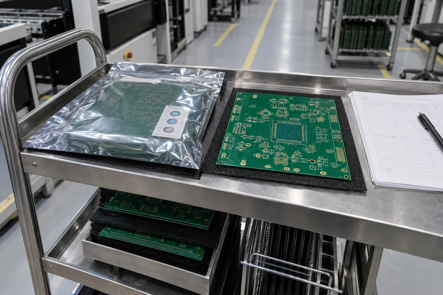 Illustrazione generata dall'intelligenza artificiale: nudo PCB pannelli messi in scena per lo stoccaggio controllato e SMT Assemblaggio