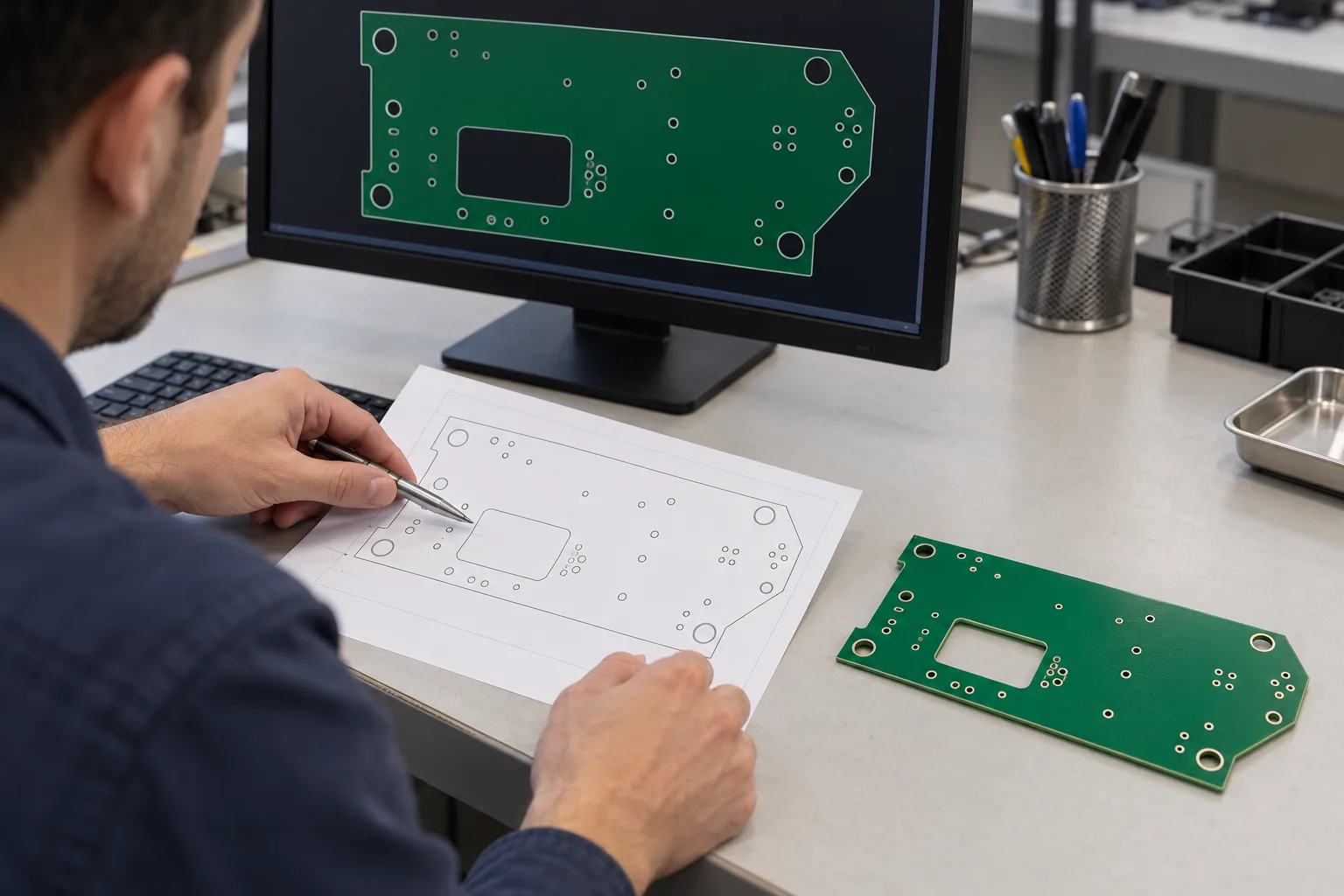 Escena generada por IA de un ingeniero que compara el contorno de una PCB genérica en un monitor con un dibujo sin numerar y una placa sin componentes