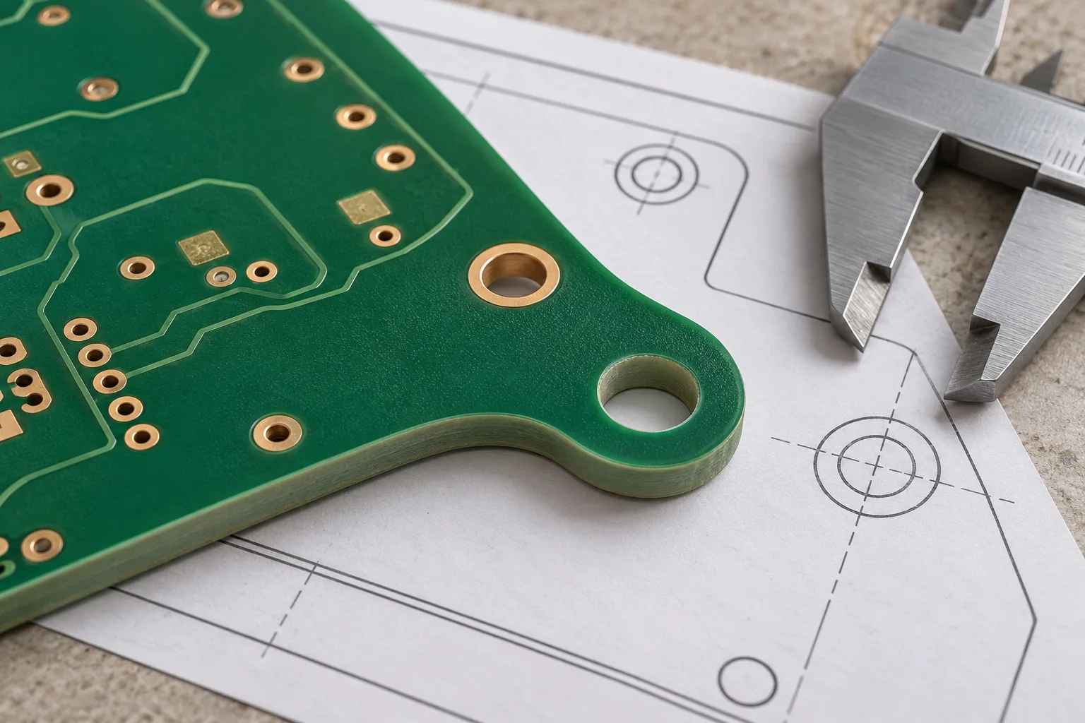 Primer plano generado por IA del contorno de una placa sin componentes, orificios de montaje y características de orificios enchapados junto a un dibujo genérico sin numerar