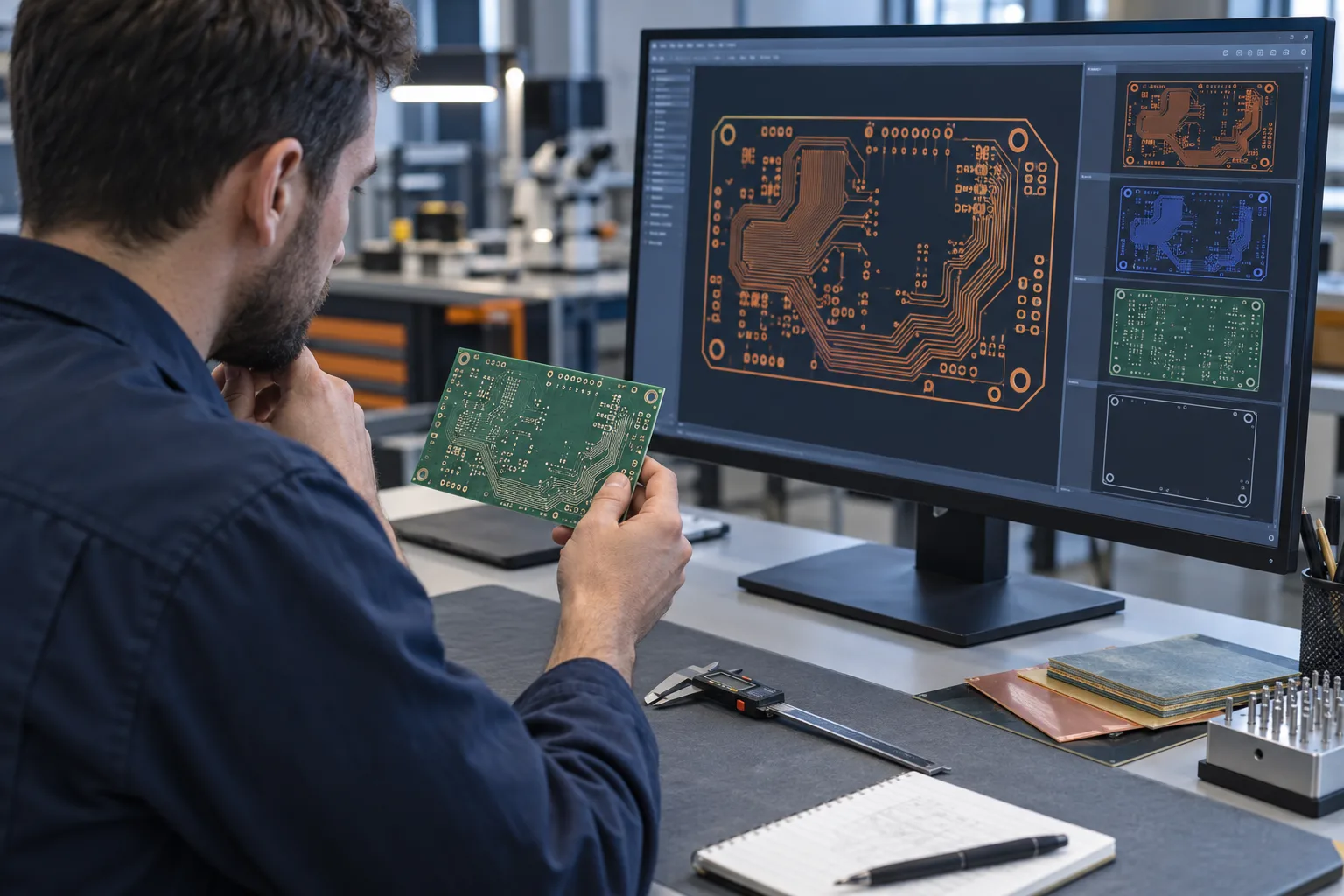 AI-generated editorial scene: CAM engineer comparing PCB manufacturing data and a fabricated board