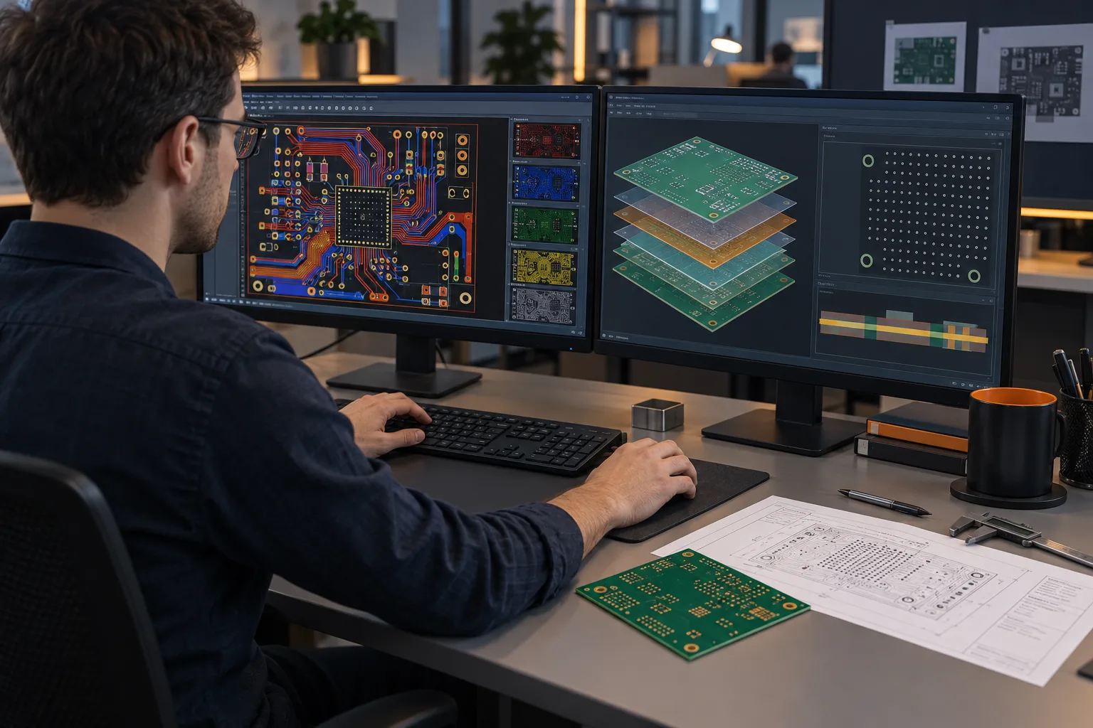 AI-generated editorial scene: Engineer preparing PCB manufacturing data from a CAD workstation