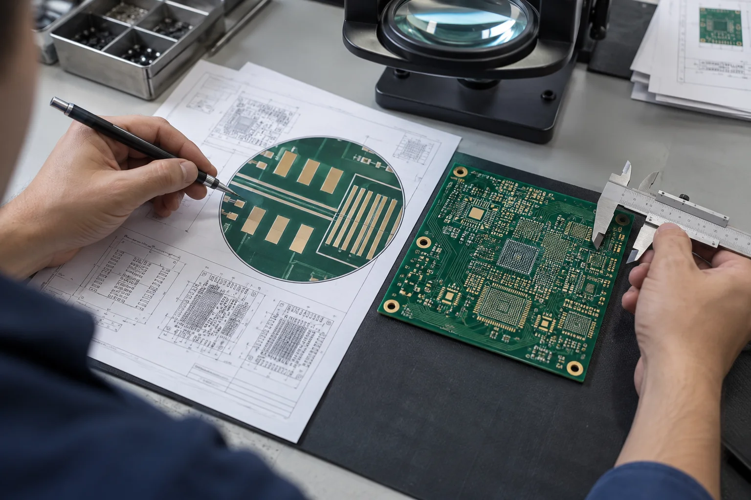 Ilustração gerada por IA: engenheiro revisando uma pegada densa de PCB e folga de máscara de solda em uma bancada de trabalho