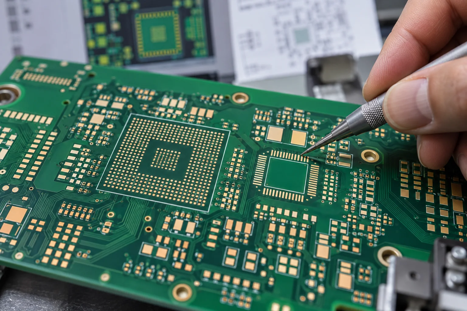 Ilustração gerada por IA: vista próxima de um padrão de terra PCB com barragens de máscara de solda; não uma fotografia de produção PCBArise