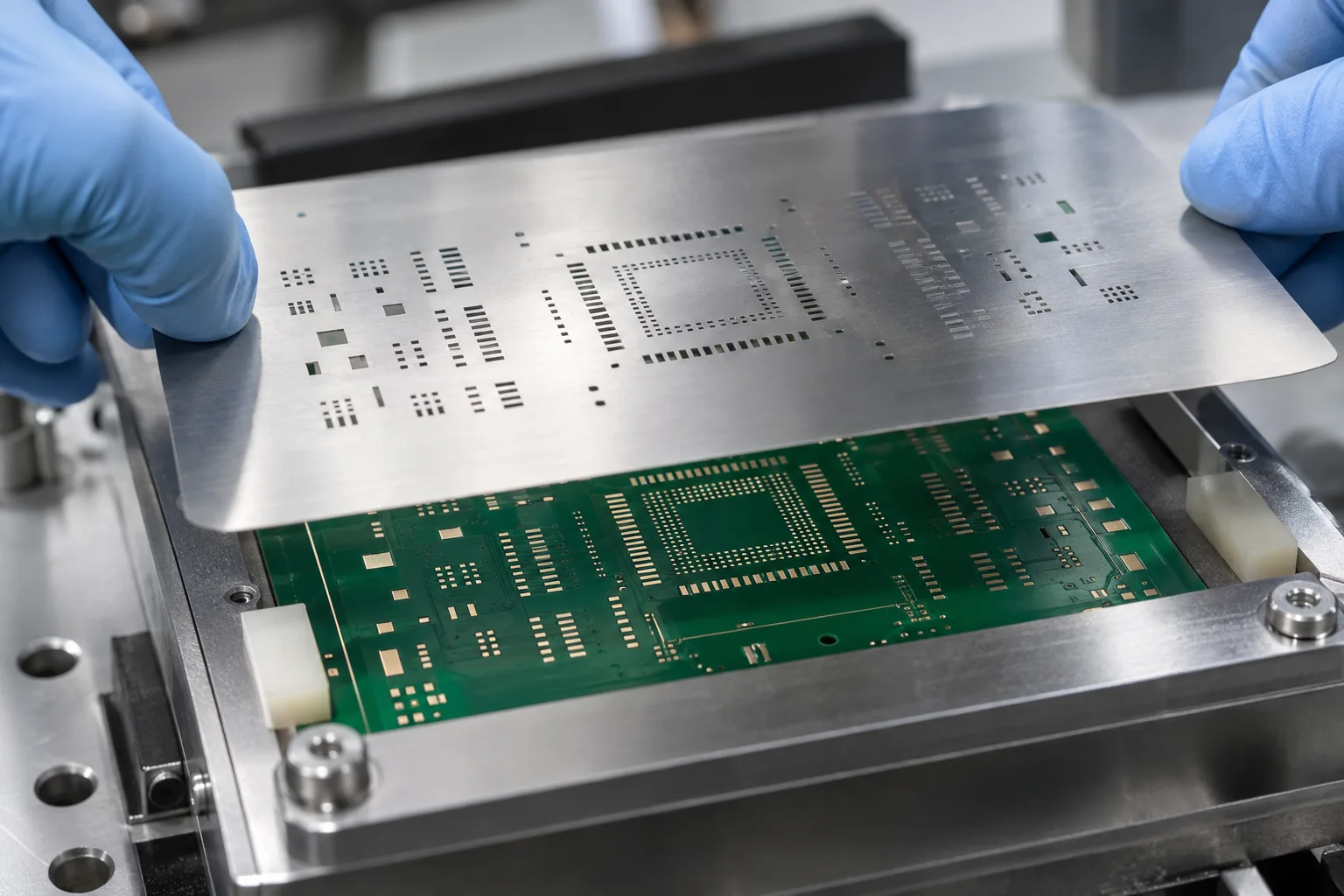 Ilustração gerada por IA: estêncil alinhado acima de um PCB de ponta fina com almofadas separadas por máscara de solda