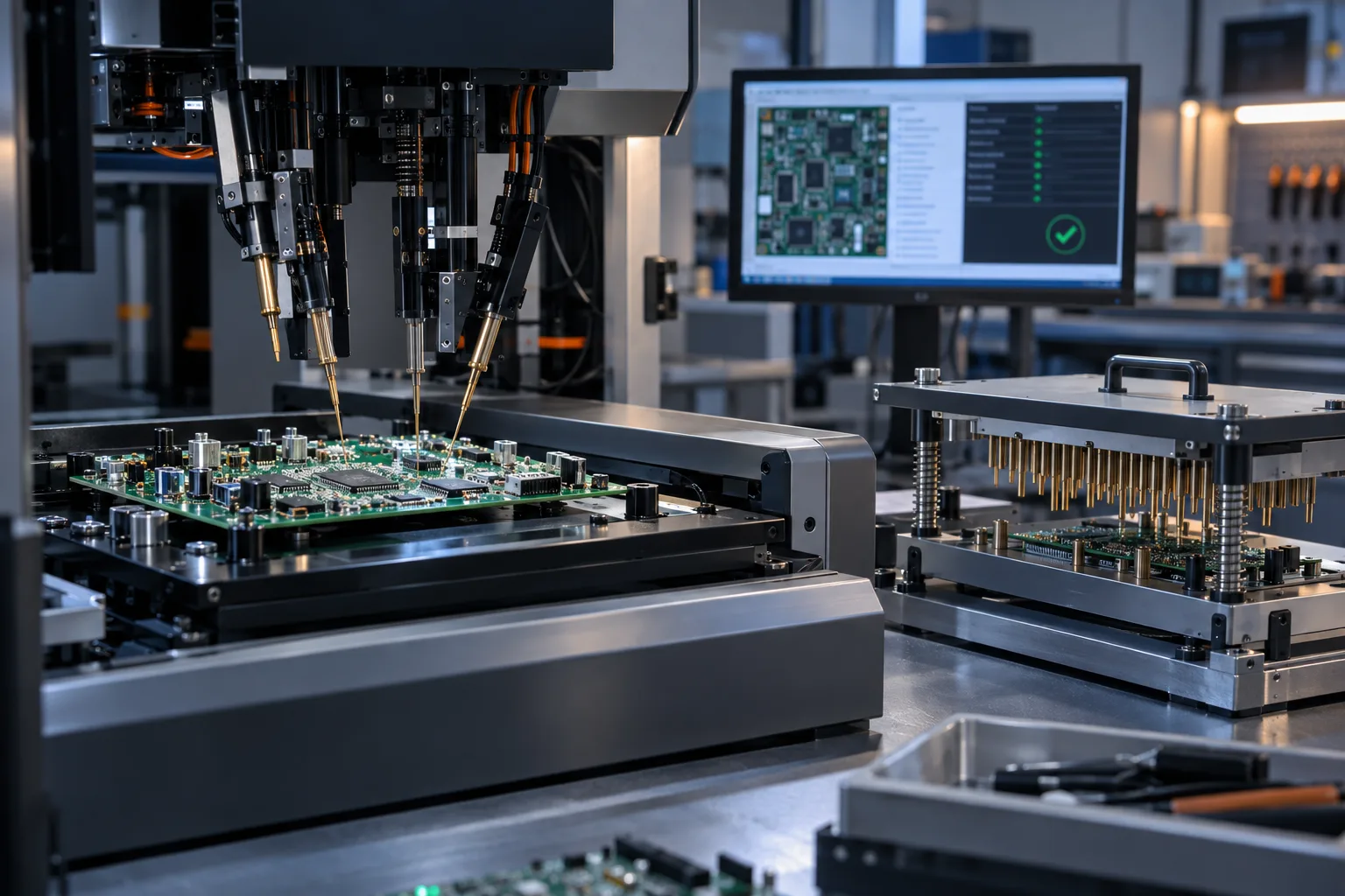 KI-generierte redaktionelle Szene: Flying-probe und ICT Workstations testen PCB Assembler