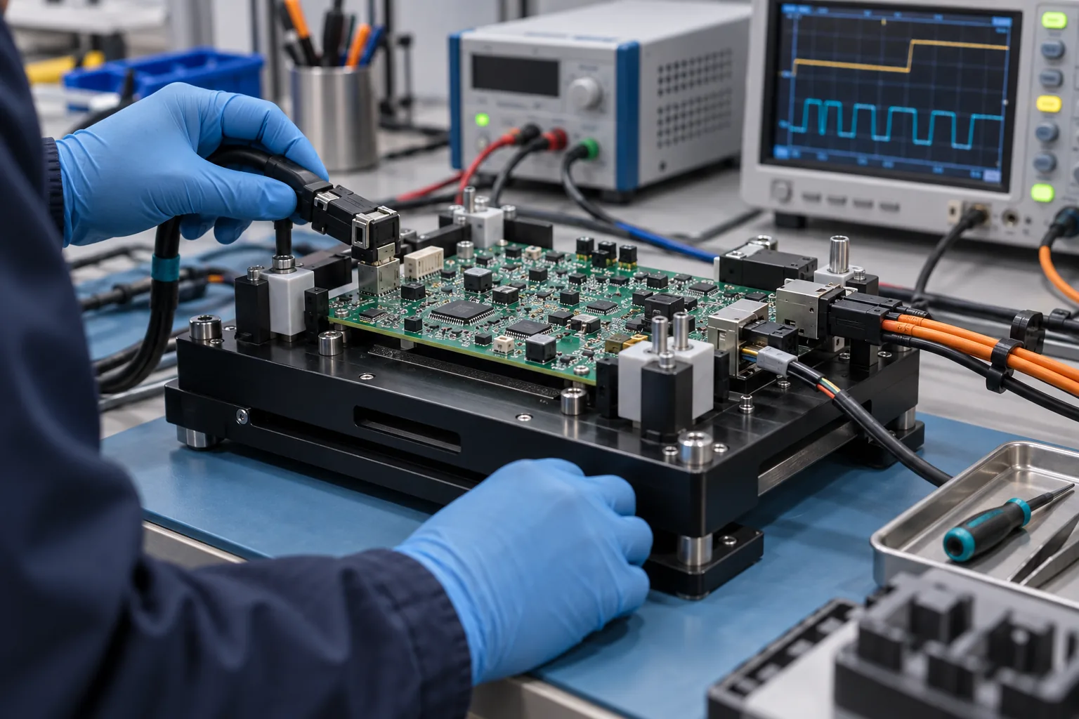 AI-generated illustration: populated circuit board in a generic functional-test fixture with instruments and cable interfaces; not a PCBArise facility or customer test record