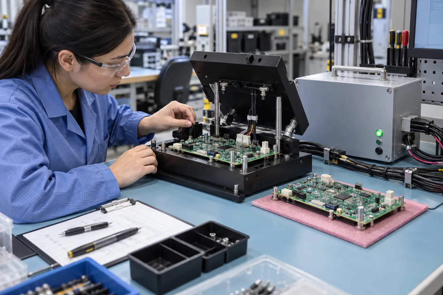 AI-generated illustration: engineer comparing a generic reference board and pilot PCBA at a functional-test fixture