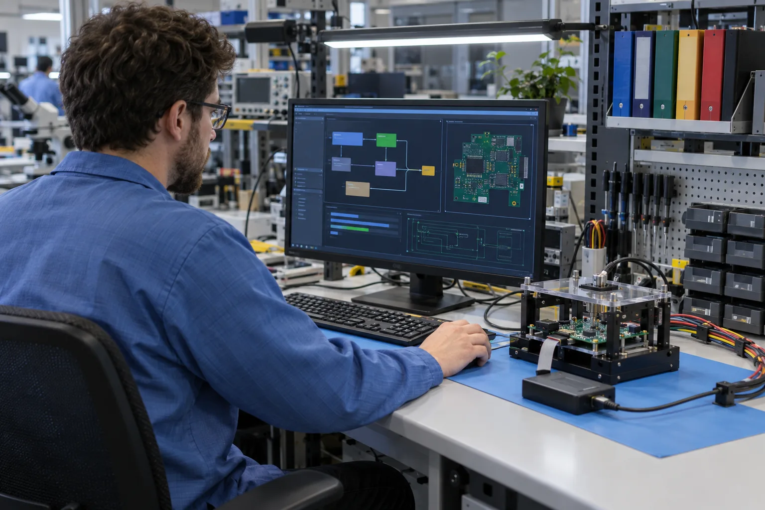 AI-generated illustration: engineer reviewing a generic test sequence and firmware setup beside a PCBA fixture