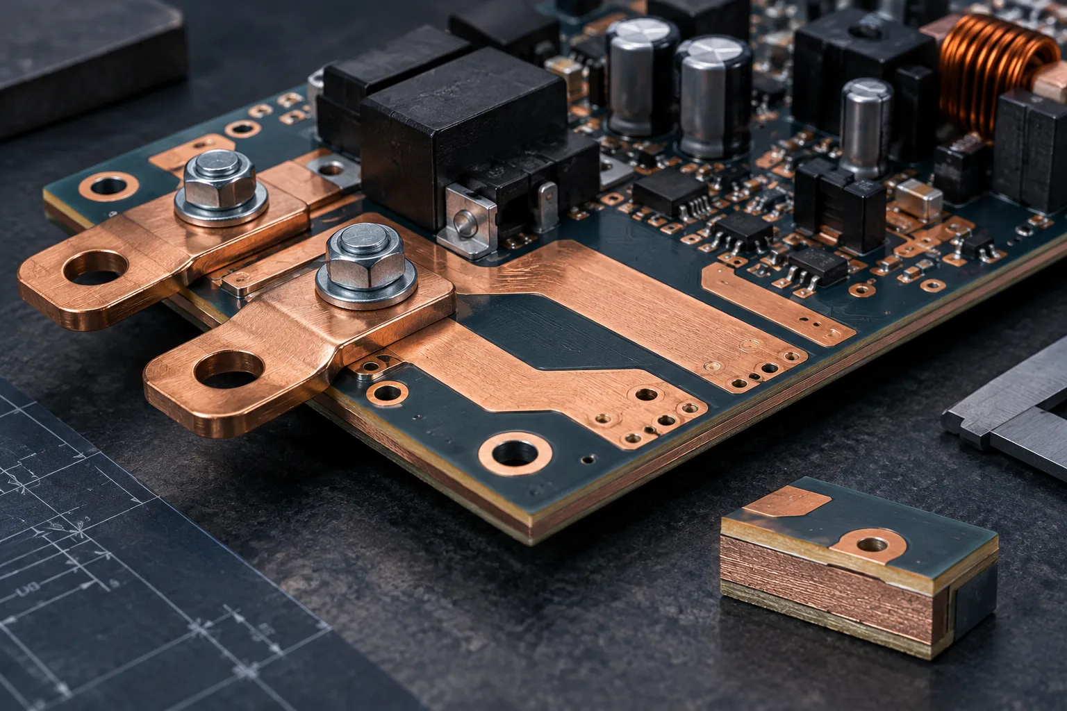 Scène éditoriale générée par l'IA: Heavy-copper PCB pour une application d'électronique de puissance