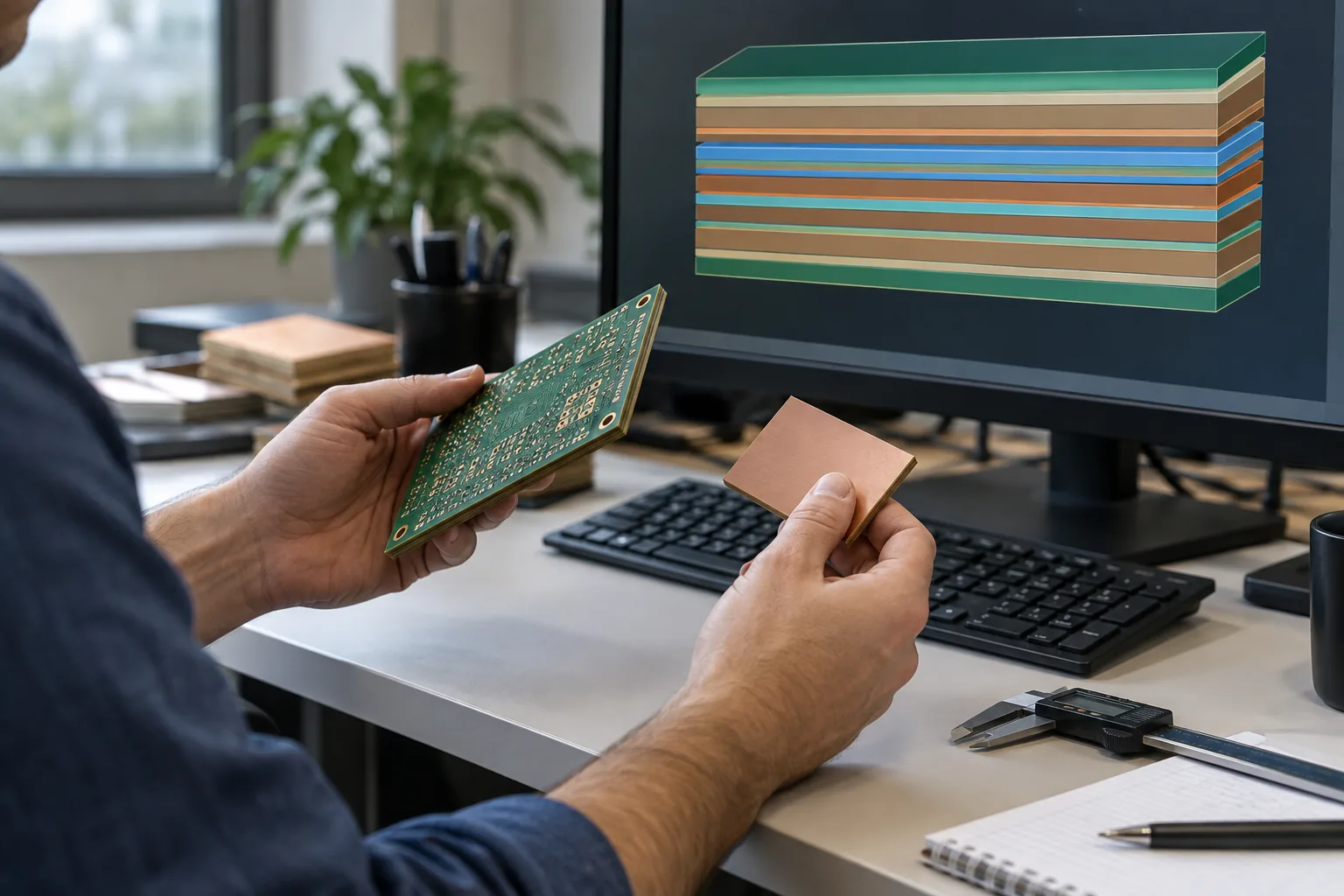 Illustrazione generata dall'intelligenza artificiale: ingegnere che esamina lo stackup PCB di routing e su una workstation CAD