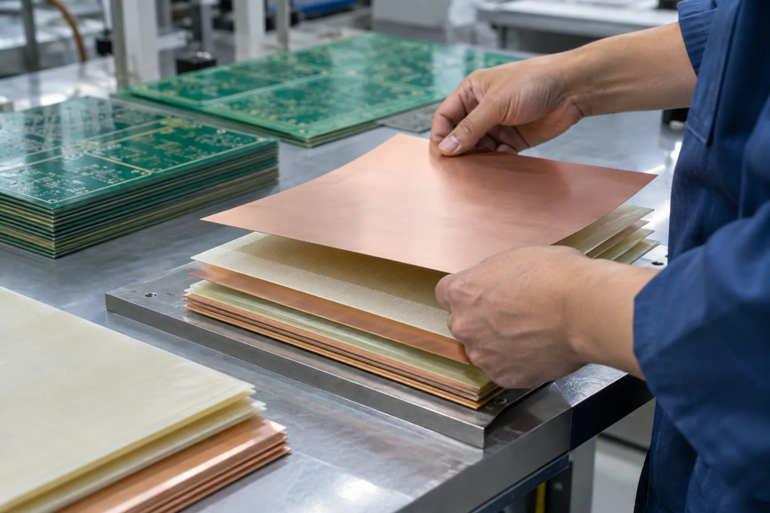 Illustrazione generata dall'intelligenza artificiale: rivestito in rame stratificato PCB materiali preparati per la laminazione