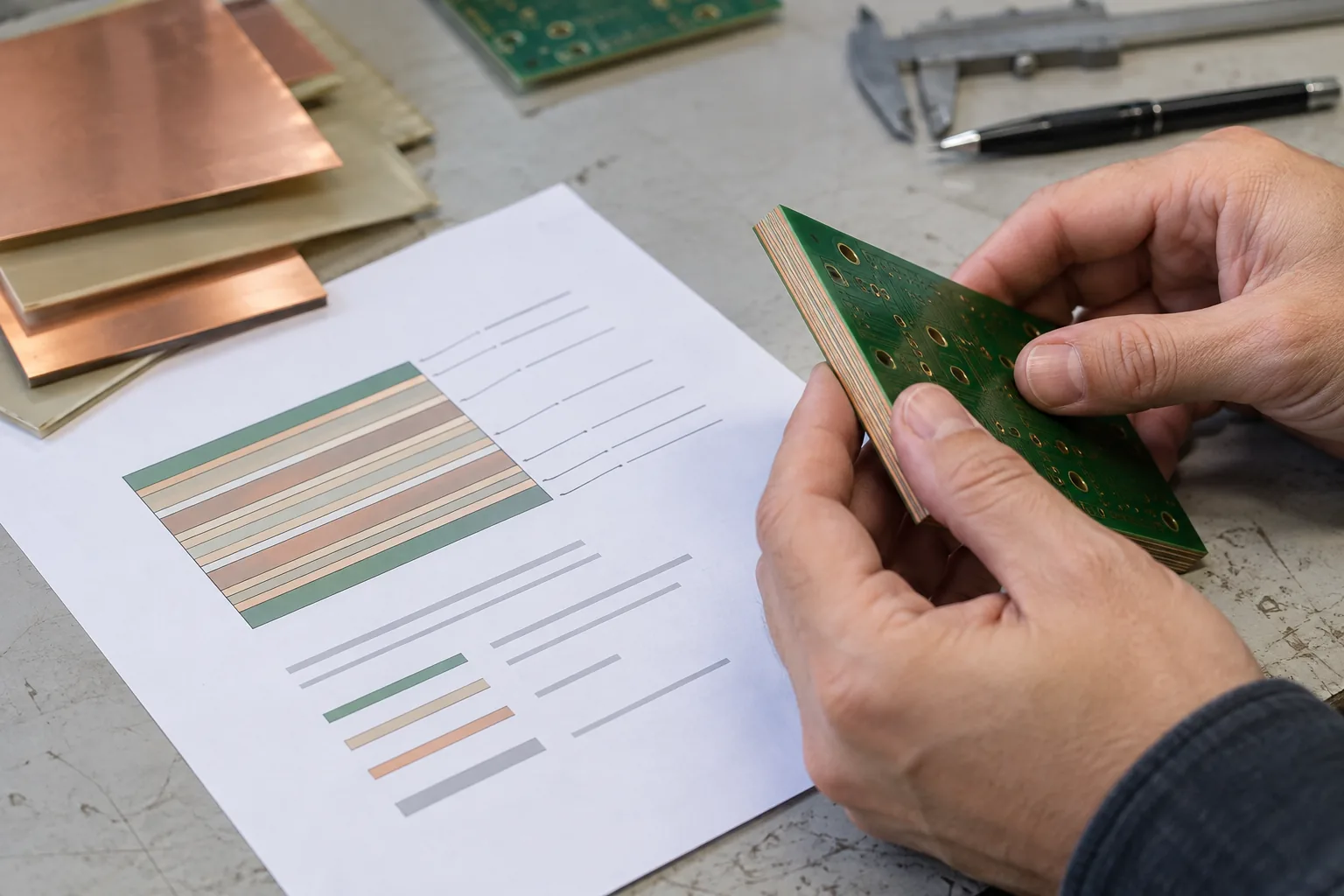 Illustrazione generata con IA: ingegnere con PCB multistrato e disegno dello stackup; non è una foto della produzione PCBArise