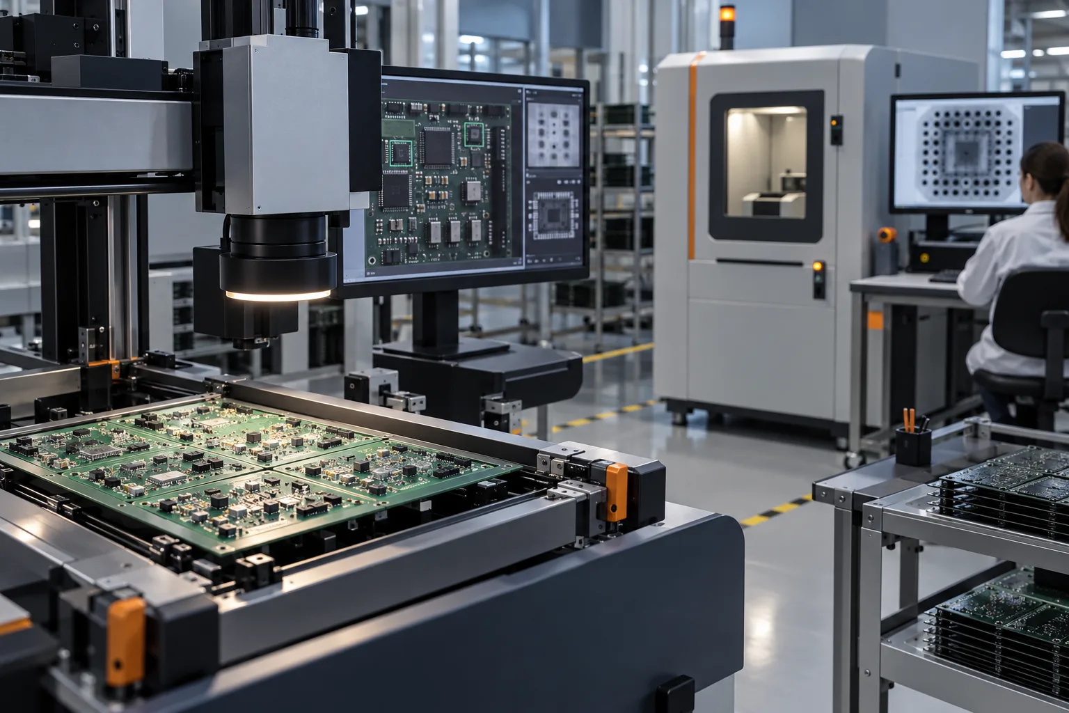 AI-generated editorial scene: AOI and X-ray inspection workcells examining populated PCBs
