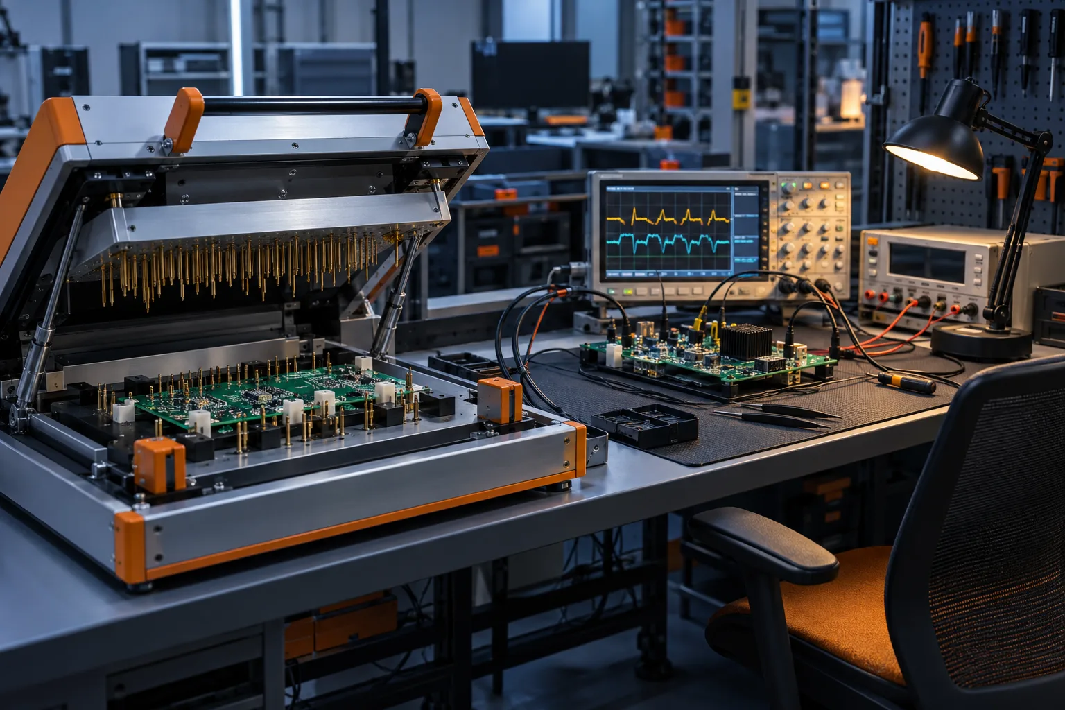 AI-generated editorial scene: In-circuit and functional test fixtures for PCB assemblies