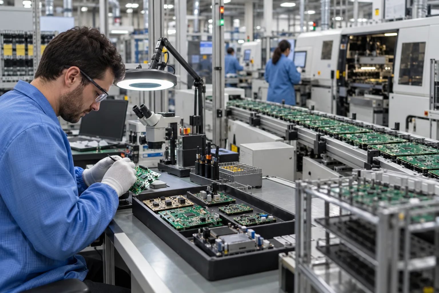 AI-generated editorial scene: low volume vs high volume PCB assembly in a PCB or PCBA production context