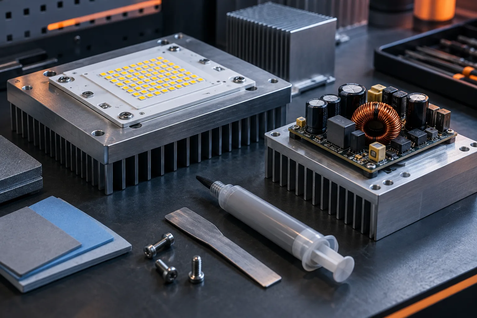 Scène éditoriale générée par IA : Composants de répartiteur de chaleur en aluminium Metal-core PCB et