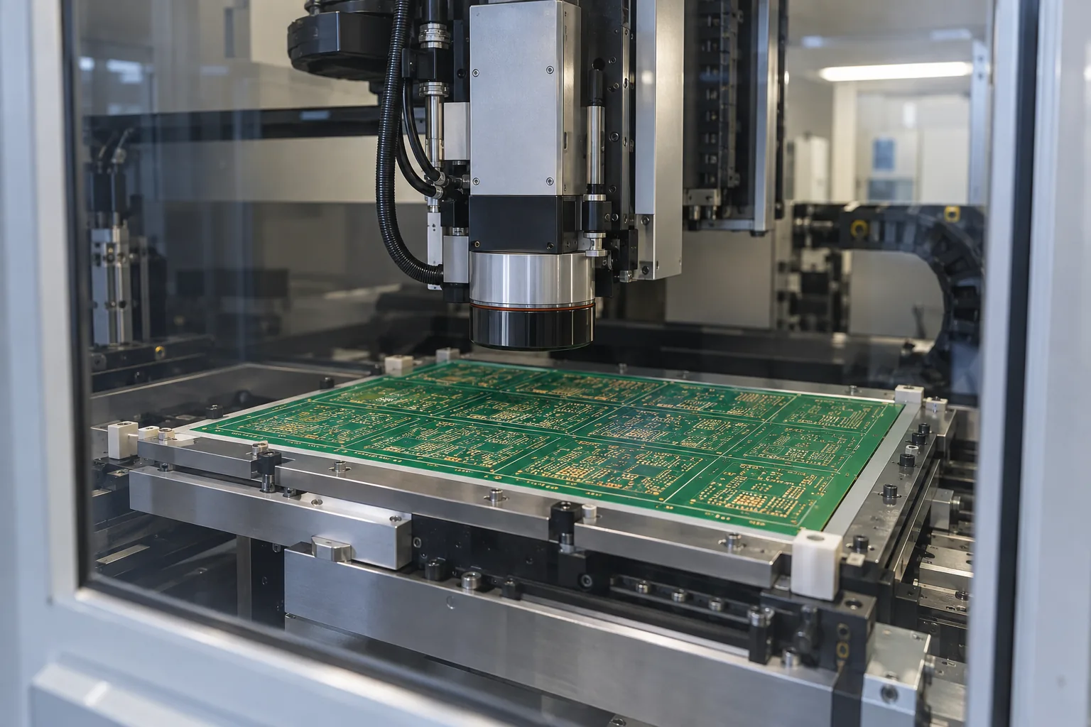 AI-generated illustration: laser drilling station working on a PCB panel for HDI microvias