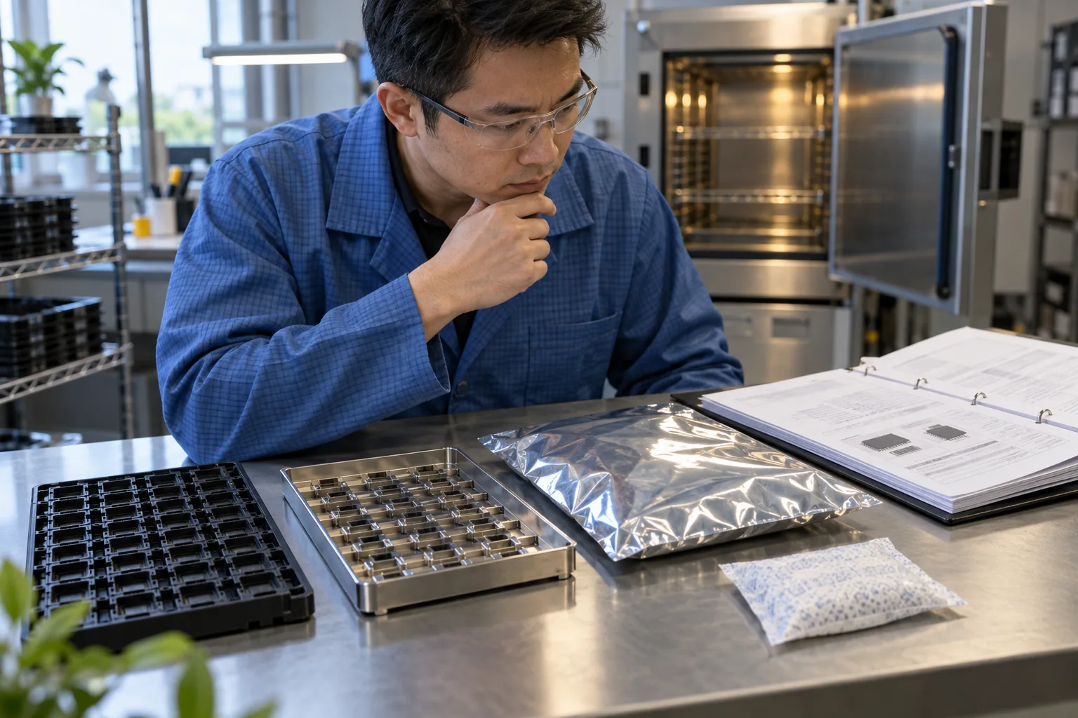 AI-generated illustration: engineer compares generic component trays, dry packaging and device instructions before a bake or quarantine decision