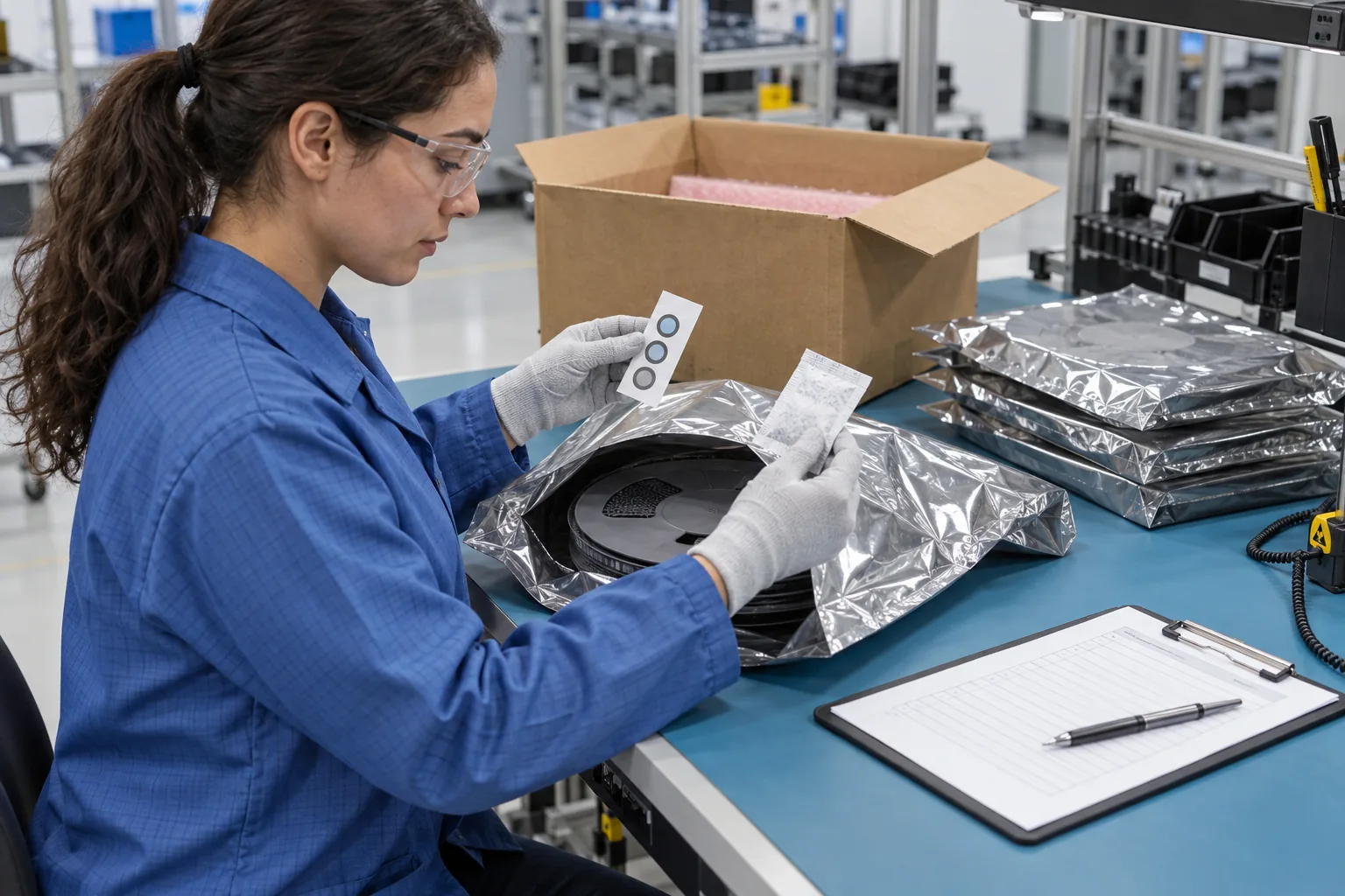 AI-generated illustration: electronics materials specialist receiving a generic dry-packed component reel with humidity card and desiccant; not a PCBArise facility or customer material record