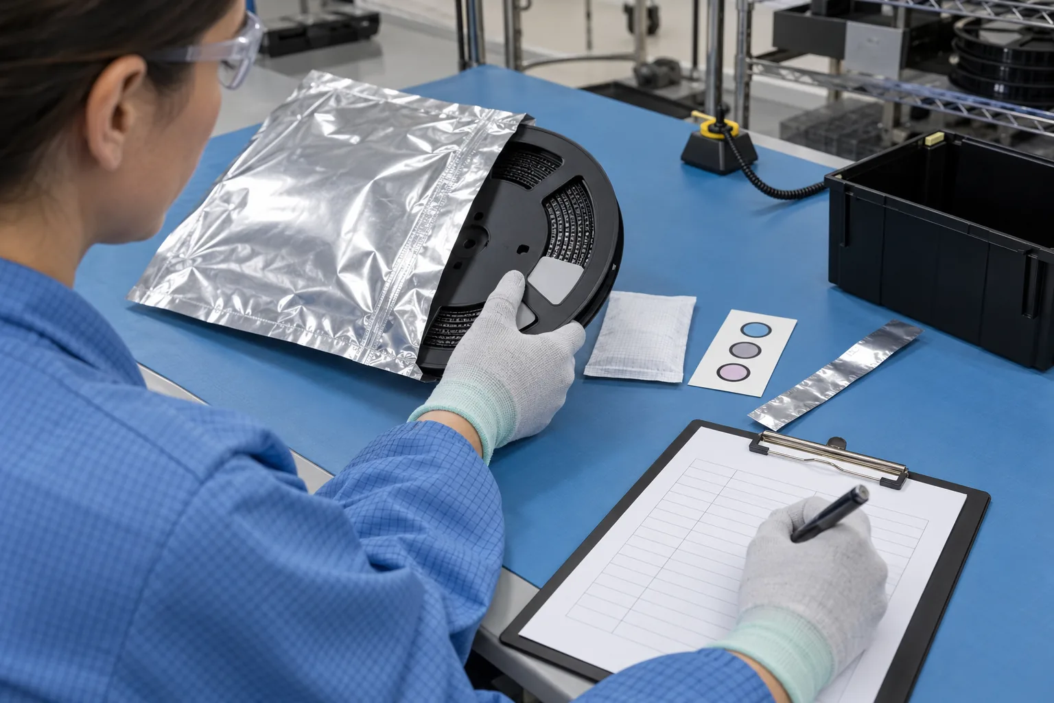 AI-generated illustration: technician opens a generic moisture-barrier bag and starts a component exposure log beside a reel, humidity card and desiccant