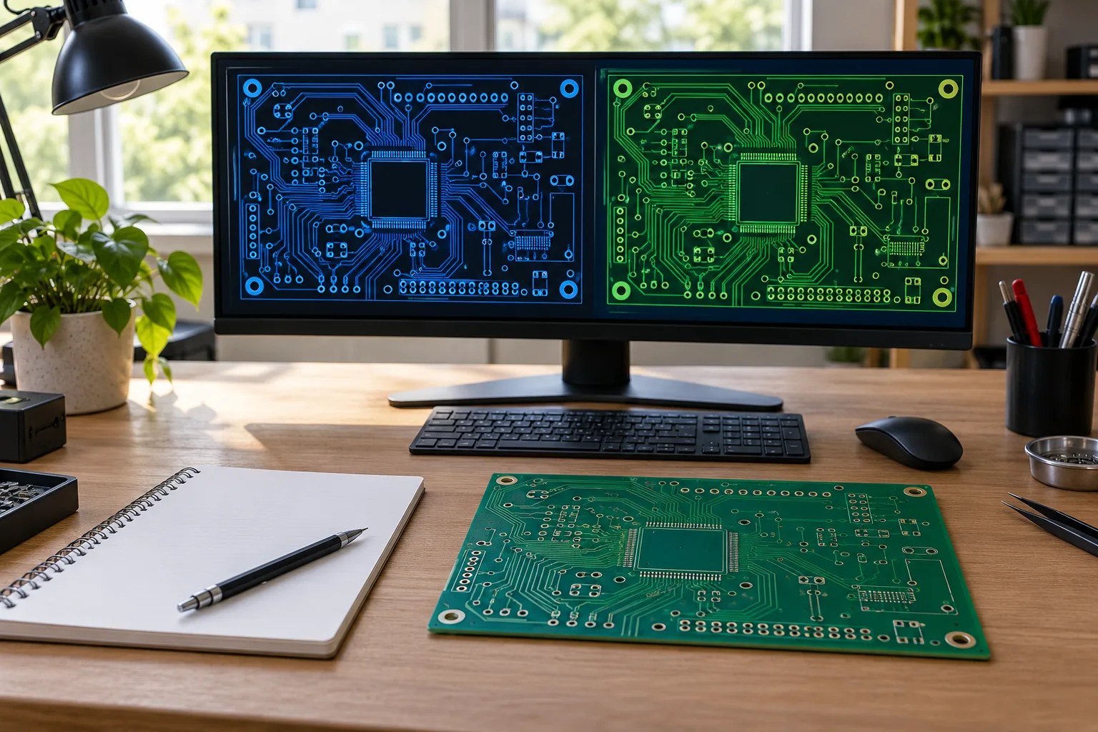 Ilustração gerada por IA de duas visualizações genéricas de conectividade de PCB comparadas em uma tela de engenharia sem nomes de rede ou resultados legíveis