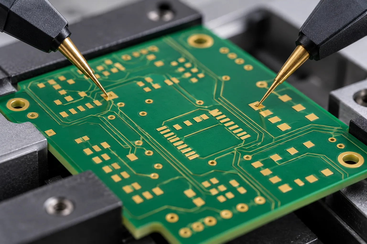 Ilustração gerada por IA de pontas finas de sondas próximas a pads expostos de uma PCB sem componentes, sem leituras exibidas