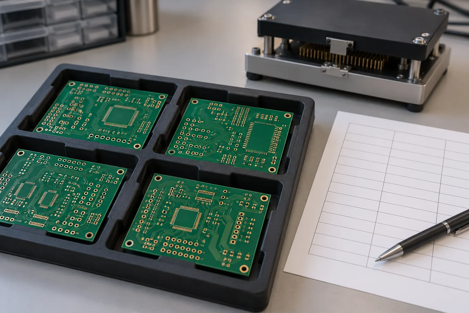 Cena gerada por IA de um PCB vazio genérico em uma bandeja protetora ao lado de folhas de registro de teste em branco e um acessório de sonda fechado