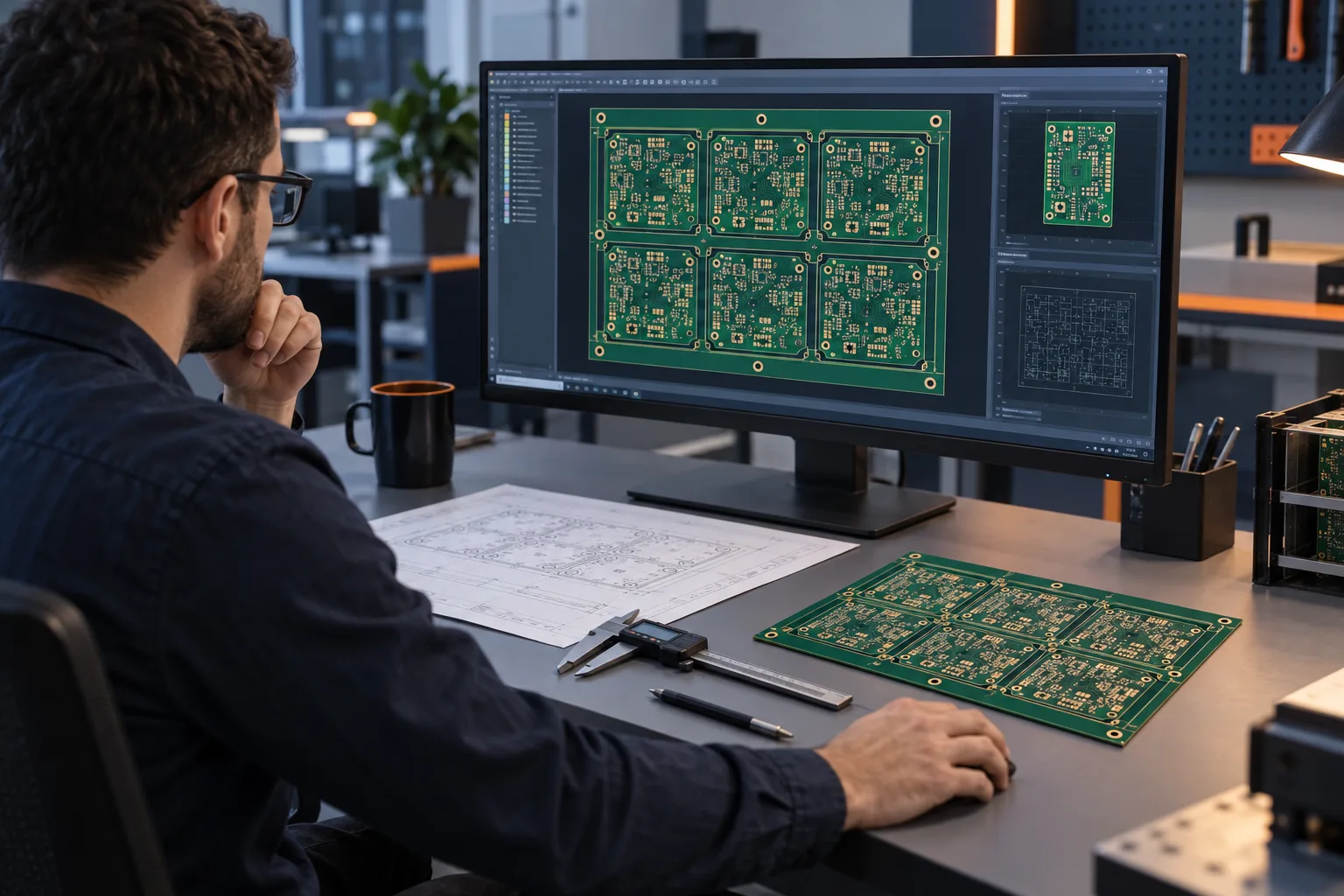 AI-generated editorial scene: CAM engineer reviewing a PCB panel layout