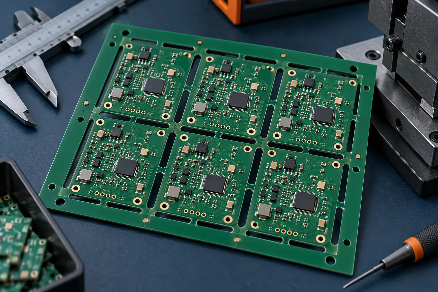 AI-generated editorial scene: PCB panel showing repeated boards, rails and fiducials
