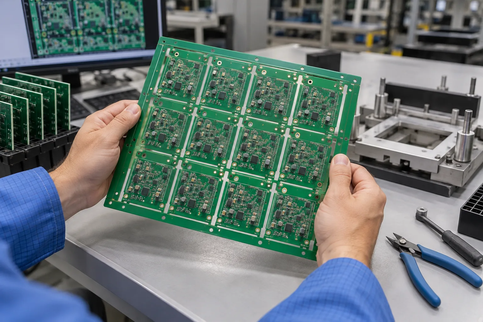 AI-generated editorial scene: PCB panelization guide in a PCB or PCBA production context