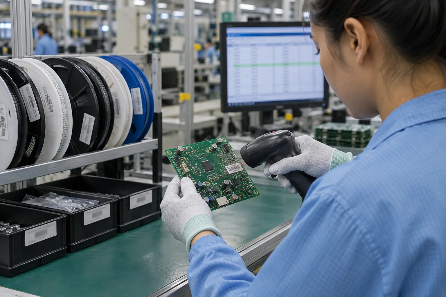 AI-generated editorial scene: PCB assembly traceability in a PCB or PCBA production context