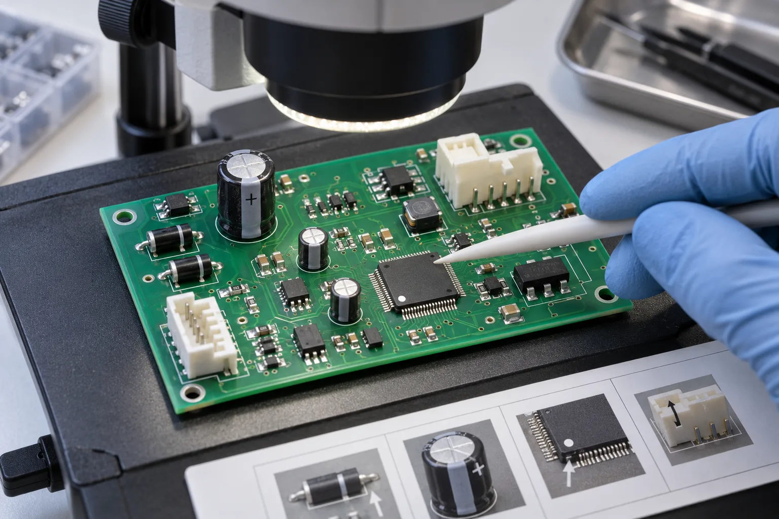 AI-generated illustration: microscope review of polarity marks, IC pin one and keyed connectors on a generic PCBA