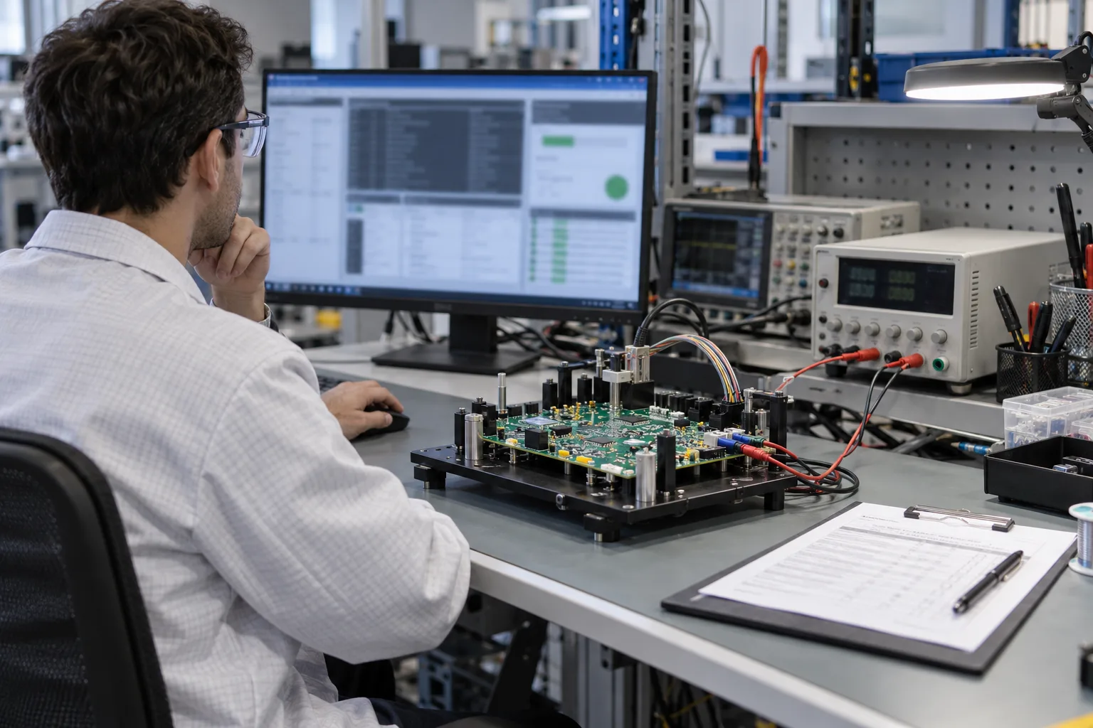 AI-generated illustration: generic PCBA in a bench fixture while an engineer reviews programming and test records