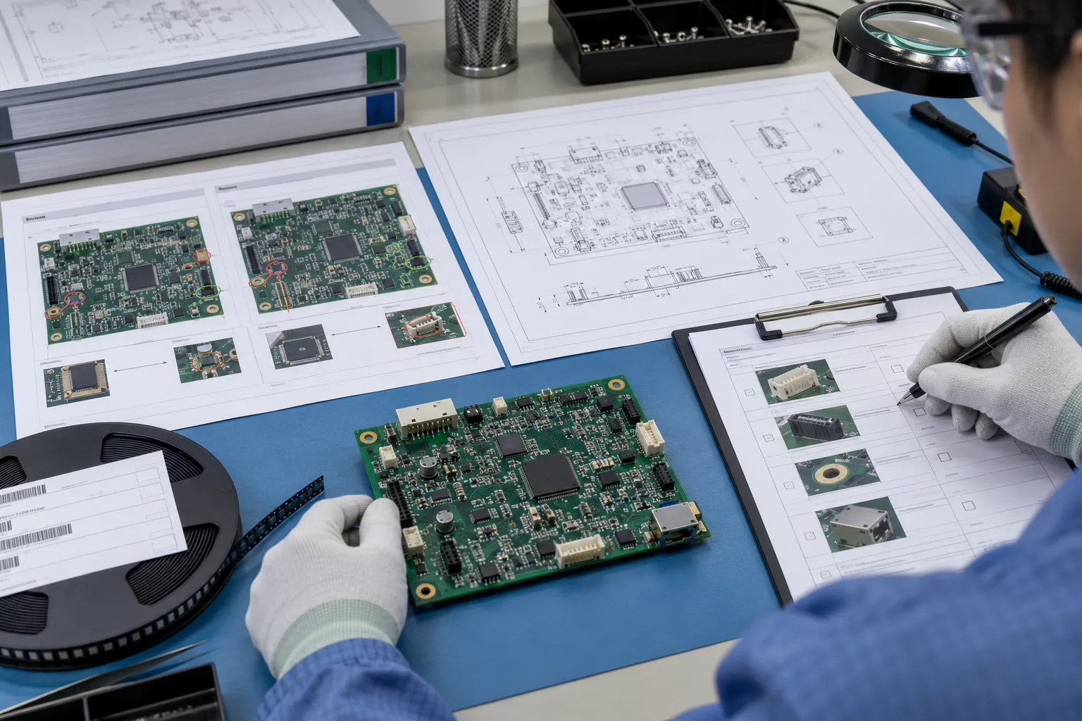 AI-generated illustration: generic PCBA, revision documents and component reel being cross-checked at an ESD-safe desk